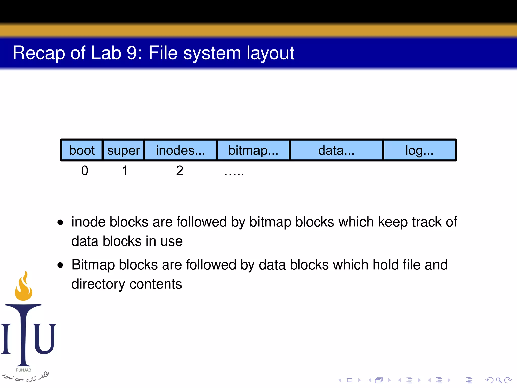 Recap of Lab 9: File system layout

boot super
0

1

inodes...
2

bitmap...

data...

log...

…..

• inode blocks are followed by bitmap blocks which keep track of
data blocks in use
• Bitmap blocks are followed by data blocks which hold ﬁle and
directory contents

 