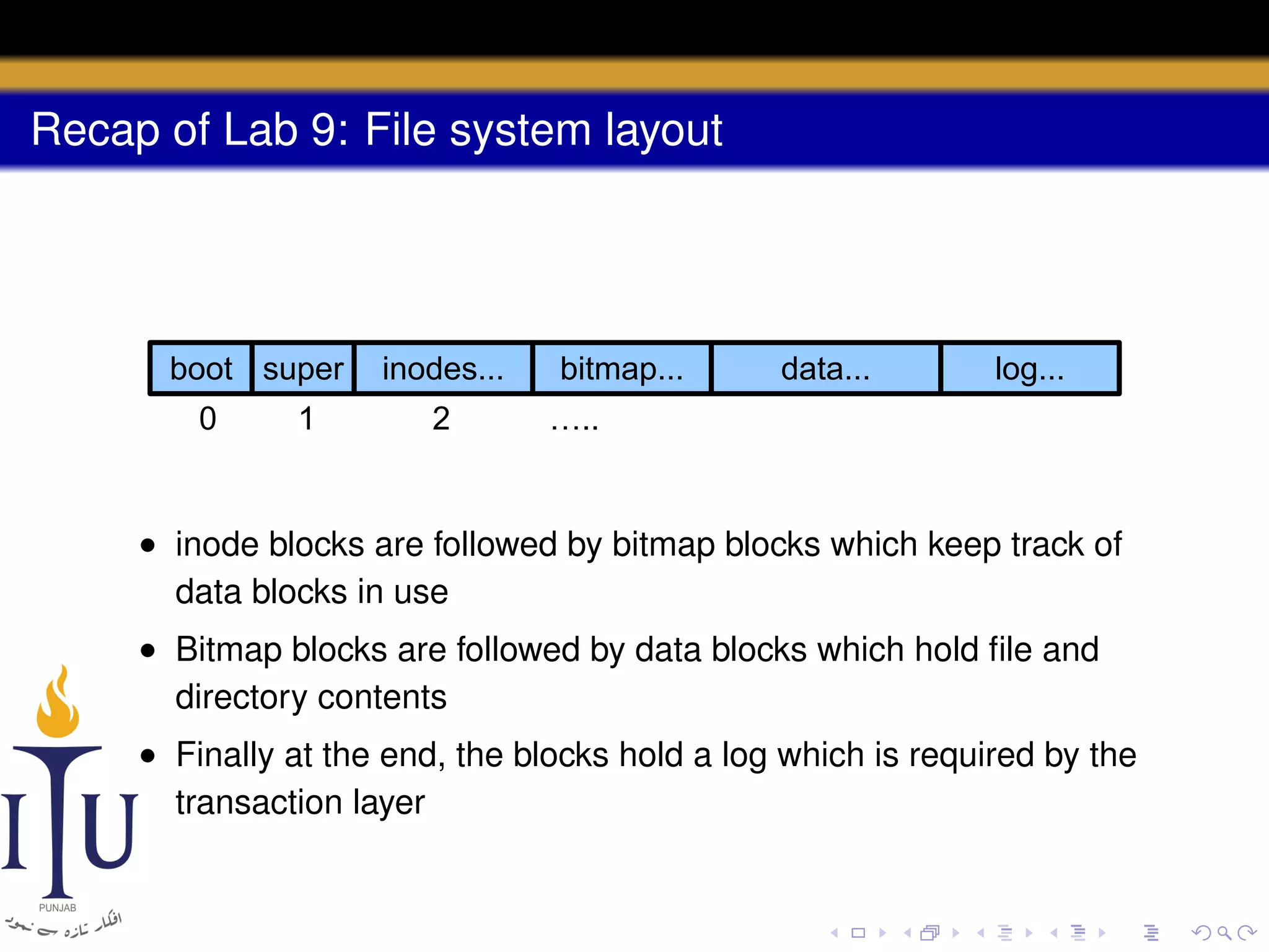 Recap of Lab 9: File system layout

boot super
0

1

inodes...
2

bitmap...

data...

log...

…..

• inode blocks are followed by bitmap blocks which keep track of
data blocks in use
• Bitmap blocks are followed by data blocks which hold ﬁle and
directory contents
• Finally at the end, the blocks hold a log which is required by the
transaction layer

 