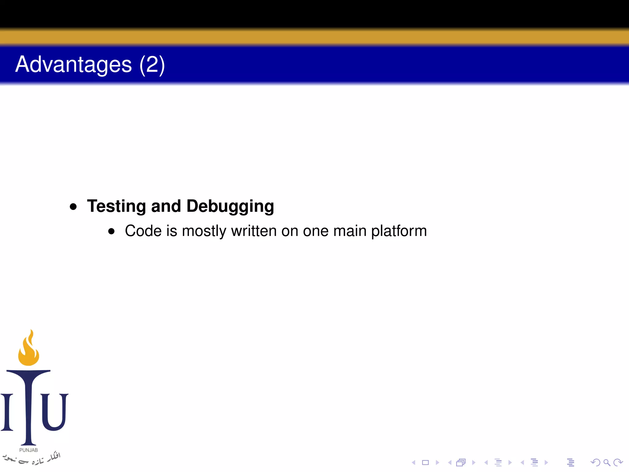 Advantages (2)

• Testing and Debugging
• Code is mostly written on one main platform

 