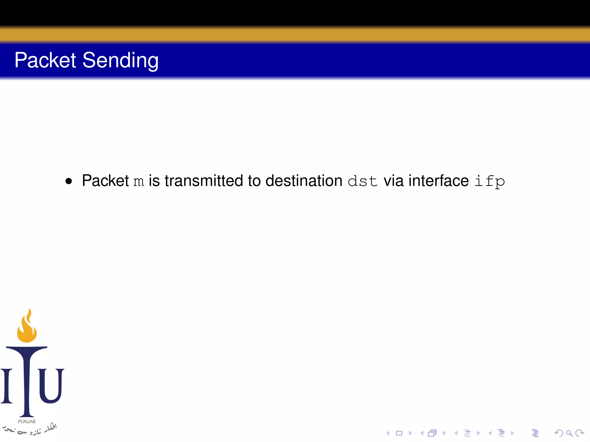 Packet Sending

• Packet m is transmitted to destination dst via interface ifp

 