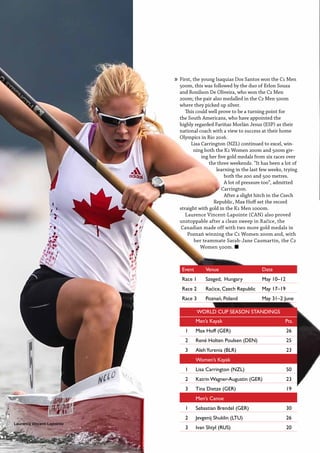 16  Planet Canoe
Laurence Vincent-Lapointe
WORLD CUP SEASON STANDINGS
Men’s Kayak Pts.
1 Max Hoff (GER) 26
2 René Holten Poulsen (DEN) 25
3 AlehYurenia (BLR) 23
Women’s Kayak
1 Lisa Carrington (NZL) 50
2 Katrin Wagner-Augustin (GER) 23
3 Tina Dietze (GER) 19
Men’s Canoe
1 Sebastian Brendel (GER) 30
2 Jevgenij Shuklin (LTU) 26
3 Ivan Shtyl (RUS) 20
Event Venue Date
Race 1 Szeged, Hungary May 10–12
Race 2 Raćice, Czech Republic May 17–19
Race 3 Poznań, Poland May 31–2 June
First, the young Isaquias Dos Santos won the C1 Men
500m, this was followed by the duo of Erlon Souza
and Ronilson De Oliveira, who won the C2 Men
200m; the pair also medalled in the C2 Men 500m
where they picked up silver.
This could well prove to be a turning point for
the South Americans, who have appointed the
highly regarded Fariñas Morlán Jesus (ESP) as their
national coach with a view to success at their home
Olympics in Rio 2016.
Lisa Carrington (NZL) continued to excel, win-
ning both the K1 Women 200m and 500m giv-
ing her five gold medals from six races over
the three weekends. “It has been a lot of
learning in the last few weeks, trying
both the 200 and 500 metres.
A lot of pressure too”, admitted
Carrington.
After a slight hitch in the Czech
Republic, Max Hoff set the record
straight with gold in the K1 Men 1000m.
Laurence Vincent-Lapointe (CAN) also proved
unstoppable after a clean sweep in Račice, the
Canadian made off with two more gold medals in
Poznań winning the C1 Women 200m and, with
her teammate Sarah-Jane Caumartin, the C2
Women 500m. n
»
 