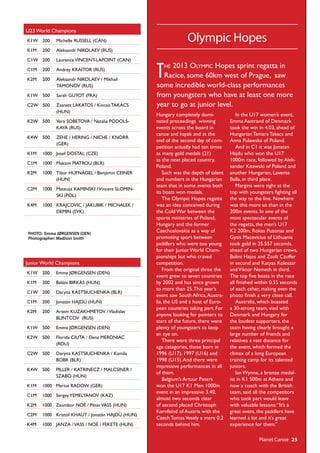 PHOTO: Emma JØRGENSEN (DEN)
Photographer: Madison Smith
Hungary completely domi-
nated proceedings winning
events across the board in
canoe and kayak and at the
end of the second day of com-
petition actually had ten times
as many gold medals (21)
as the next placed country,
Poland.
Such was the depth of talent
and numbers in the Hungarian
team that in some events both
its boats won medals.
The Olympic Hopes regatta
was an idea conceived during
the Cold War between the
sports ministries of Poland,
Hungary and the former
Czechoslovakia as a way of
promoting sport between
paddlers who were too young
for their Junior World Cham-
pionships but who craved
competition.
From the original three the
event grew to seven countries
by 2002 and has since grown
to more than 25.This year’s
event saw South Africa,Austra-
lia, the US and a host of Euro-
pean countries taking part. For
anyone looking for pointers to
stars of the future, there were
plenty of youngsters to keep
an eye on.
There were three principal
age categories, those born in
1996 (U17), 1997 (U16) and
1998 (U15).And there were
impressive performances in all
of them.
Belgium’s Artuur Peters
won the U17 K1 Men 1000m
event in an impressive 3.40,
almost two seconds clear
of second placed Christoph
Kornfeind of Austria with the
Czech TomasVesely a mere 0.2
seconds behind him.
In the U17 women’s event,
Emma Aastrand of Denmark
took the win in 4.03, ahead of
Hungarian Tamara Takacs and
Anna Pulawska of Poland.
And in C1 it was Jonatan
Hajdu who won the U17
1000m race, followed by Alek-
sander Kitewski of Poland and
another Hungarian, Levente
Balla, in third place.
Margins were tight at the
top with youngsters fighting all
the way to the line. Nowhere
was this more so than in the
200m events. In one of the
most spectacular events of
the regatta, the men’s U17
K2 200m, Rokas Puzonas and
Gytis Macevicius of Lithuania
took gold in 35.557 seconds,
ahead of two Hungarian crews,
Balint Hajos and Zsolt Czuffer
in second and Katyas Koleszar
andViktor Nemeth in third.
The top five boats in the race
all finished within 0.55 seconds
of each other, making even the
photo finish a very close call.
Australia, which boasted
a 30-strong team, vied with
Denmark and Hungary for
the loudest supporters, the
team having clearly brought a
large number of friends and
relatives a vast distance for
the event, which formed the
climax of a long European
training camp for its talented
juniors.
Ian Wynne, a bronze medal-
ist in K1 500m at Athens and
now a coach with the British
team, said all the competitors
who took part would leave
with valuable lessons:“It’s a
great event, the paddlers have
learned a lot and it’s great
experience for them.”
Junior World Champions
K1W 200 Emma JØRGENSEN (DEN)
K1M 200 Balázs BIRKÁS (HUN)
C1W 200 Daryna KASTSIUCHENKA (BLR)
C1M 200 Jonatán HAJDÚ (HUN)
K2M 200 Artem KUZAKHMETOV /Vladislav
BLINTCOV (RUS)
K1W 500 Emma JØRGENSEN (DEN)
K2W 500 Florida CIUTA / Elena MERONIAC
(ROU)
C2W 500 Daryna KASTSIUCHENKA / Kamila
BOBR (BLR)
K4W 500 PILLER / KATRINECZ / MALCSINER /
SZABÓ (HUN)
K1M 1000 Marius RADOW (GER)
C1M 1000 SergeyYEMELYANOV (KAZ)
K2M 1000 Zsombor NOÉ / PéterVASS (HUN)
C2M 1000 Kristóf KHAUT / Jonatán HAJDÚ (HUN)
K4M 1000 JANZA /VASS / NOÉ / FEKETE (HUN)
Olympic Hopes
U23 World Champions
K1W 200 Michelle RUSSELL (CAN)
K1M 200 Aleksandr NIKOLAEV (RUS)
C1W 200 LaurenceVINCENT-LAPOINT (CAN)
C1M 200 Andrey KRAITOR (RUS)
K2M 200 Aleksandr NIKOLAEV / Mikhail
TAMONOV (RUS)
K1W 500 Sarah GUYOT (FRA)
C2W 500 Zsanett LAKATOS / Kincsö TAKÁCS
(HUN)
K2W 500 Vera SOBETOVA / Natalia PODOLS-
KAYA (RUS)
K4W 500 ZEHE / HERING / NICHE / KNORR
(GER)
K1M 1000 Josef DOSTAL (CZE)
C1M 1000 Maksim PIATROU (BLR)
K2M 1000 Tibor HUFNÁGEL / Benjámin CEINER
(HUN)
C2M 1000 Mateusz KAMINSKI /Vincent SLOMIN-
SKI (POL)
K4M 1000 KRAJCOVIC / JAKUBIK / MICHALEK /
DEMIN (SVK)
The 2013 Olympic Hopes sprint regatta in
Racice, some 60km west of Prague, saw
some incredible world-class performances
from youngsters who have at least one more
year to go at junior level.
  Planet Canoe  25
 