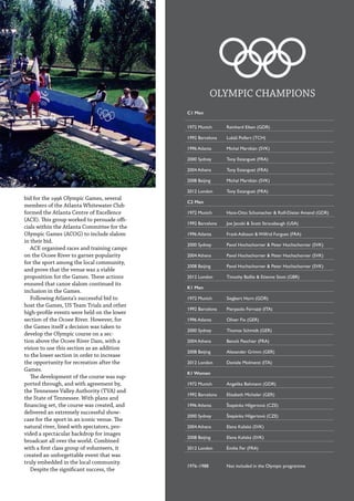   Planet Canoe  83
bid for the 1996 Olympic Games, several
members of the Atlanta Whitewater Club
formed the Atlanta Centre of Excellence
(ACE). This group worked to persuade offi-
cials within the Atlanta Committee for the
Olympic Games (ACOG) to include slalom
in their bid.
ACE organised races and training camps
on the Ocoee River to garner popularity
for the sport among the local community,
and prove that the venue was a viable
proposition for the Games. These actions
ensured that canoe slalom continued its
inclusion in the Games.
Following Atlanta’s successful bid to
host the Games, US Team Trials and other
high-profile events were held on the lower
section of the Ocoee River. However, for
the Games itself a decision was taken to
develop the Olympic course on a sec-
tion above the Ocoee River Dam, with a
vision to use this section as an addition
to the lower section in order to increase
the opportunity for recreation after the
Games.
The development of the course was sup-
ported through, and with agreement by,
the Tennessee Valley Authority (TVA) and
the State of Tennessee. With plans and
financing set, the course was created, and
delivered an extremely successful show-
case for the sport in an iconic venue. The
natural river, lined with spectators, pro-
vided a spectacular backdrop for images
broadcast all over the world. Combined
with a first class group of volunteers, it
created an unforgettable event that was
truly embedded in the local community.
Despite the significant success, the
C1 Men
1972 Munich Reinhard Eiben (GDR)
1992 Barcelona Lukáš Pollert (TCH)
1996 Atlanta Michal Martikán (SVK)
2000 Sydney Tony Estanguet (FRA)
2004 Athens Tony Estanguet (FRA)
2008 Beijing Michal Martikán (SVK)
2012 London Tony Estanguet (FRA)
C2 Men
1972 Munich Hans-Otto Schumacher & Rolf-Dieter Amend (GDR)
1992 Barcelona Joe Jacobi & Scott Strausbaugh (USA)
1996 Atlanta Frank Adisson & Wilfrid Forgues (FRA)
2000 Sydney Pavol Hochschorner & Peter Hochschorner (SVK)
2004 Athens Pavol Hochschorner & Peter Hochschorner (SVK)
2008 Beijing Pavol Hochschorner & Peter Hochschorner (SVK)
2012 London Timothy Baillie & Etienne Stott (GBR)
K1 Men
1972 Munich Siegbert Horn (GDR)
1992 Barcelona Pierpaolo Ferrazzi (ITA)
1996 Atlanta Oliver Fix (GER)
2000 Sydney Thomas Schmidt (GER)
2004 Athens Benoît Peschier (FRA)
2008 Beijing Alexander Grimm (GER)
2012 London Daniele Molmenti (ITA)
K1 Women
1972 Munich Angelika Bahmann (GDR)
1992 Barcelona Elisabeth Micheler (GER)
1996 Atlanta Štepánka Hilgertová (CZE)
2000 Sydney Štepánka Hilgertová (CZE)
2004 Athens Elena Kaliská (SVK)
2008 Beijing Elena Kaliská (SVK)
2012 London Émilie Fer (FRA)
1976–1988 Not included in the Olympic programme
OLYMPIC CHAMPIONS
 