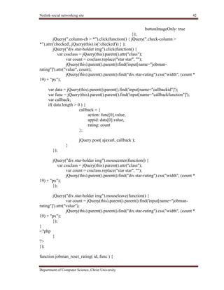 Netlink-social networking site 42
Department of Computer Science, Christ University
buttonImageOnly: true
});
jQuery(".column-cb > *").click(function() { jQuery(".check-column >
*").attr('checked', jQuery(this).is(':checked')) } );
jQuery("div.star-holder img").click(function() {
var cssclass = jQuery(this).parent().attr("class");
var count = cssclass.replace("star star", "");
jQuery(this).parent().parent().find('input[name="jobman-
rating"]').attr("value", count);
jQuery(this).parent().parent().find("div.star-rating").css("width", (count *
19) + "px");
var data = jQuery(this).parent().parent().find('input[name="callbackid"]');
var func = jQuery(this).parent().parent().find('input[name="callbackfunction"]');
var callback;
if( data.length > 0 ) {
callback = {
action: func[0].value,
appid: data[0].value,
rating: count
};
jQuery.post( ajaxurl, callback );
}
});
jQuery("div.star-holder img").mouseenter(function() {
var cssclass = jQuery(this).parent().attr("class");
var count = cssclass.replace("star star", "");
jQuery(this).parent().parent().find("div.star-rating").css("width", (count *
19) + "px");
});
jQuery("div.star-holder img").mouseleave(function() {
var count = jQuery(this).parent().parent().find('input[name="jobman-
rating"]').attr("value");
jQuery(this).parent().parent().find("div.star-rating").css("width", (count *
19) + "px");
});
}
<?php
}
?>
});
function jobman_reset_rating( id, func ) {
 