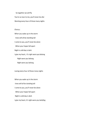 So together we will fly
You're so near to me, you'll never be afar
Wanting every hour of those many nights
Chorus:
When you wake up in the storm
trees will all be standing tall
I come to you, you'll never be alone
When your hopes fall apart
Night is cold day is dark
I give my heart, it's right were you belong
Right were you belong
Right were you belong
Loving every hour of those many nights
When you wake up in the storm
trees will all be standing tall
I come to you, you'll never be alone
When your hopes fall apart
Night is cold day is dark
I give my heart, it's right were you belo0ng
 