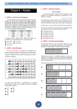 PROJETO SUPERANDO O ENEM – MATEMÁTICA – PROFESSOR RAFAEL IZIDORO RODRIGUES
10
1 – (2013) – Envolve porcentagem.
2 – (2013) – Identificação.
3 – (2011) – Cálculo simples.
4 – (2010) – Envolve porcentagem.
Etapa 4 – Razão
 
