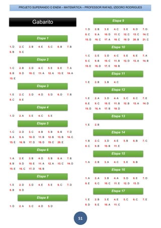 PROJETO SUPERANDO O ENEM – MATEMÁTICA – PROFESSOR RAFAEL IZIDORO RODRIGUES
51
1. D 2. C 3. B 4. E 5. C 6. B 7. B
8. B 9. C
1. C 2. B 3. D 4. C 5. E 6. E 7. A
8. B 9. D 10. C 11. A 12. A 13. E 14. A
15. E
1. E 2. C 3. D 4. D 5. D 6. D 7. B
8. C 9. E
1. D 2. A 3. E 4. C 5. E
1. C 2. D 3. C 4. B 5. B 6. B 7. D
8. A 9. A 10. D 11. B 12. B 13. B 14. C
15. E 16. B 17. D 18. D 19. C 20. E
1. A 2. E 3. B 4. D 5. B 6. A 7. B
8. B 9. D 10. E 11. A 12. A 13. C 14. D
15. E 16. C 17. D 18. B
1. E 2. D 3. D 4. E 5. E 6. C 7. D
8. B 9. D
1. D 2. A 3. C 4. D 5. D
1. D 2. B 3. E 4. C 5. E 6. D 7. D
8. C 9. A 10. D 11. C 12. C 13. C 14. C
15. D 16. C 17. A 18. C 19. D 20. B 21. C
1. C 2. E 3. D 4. C 5. E 6. E 7. A
8. C 9. B 10. C 11. B 12. D 13. A 14. B
15. E 16. D 17. E 18. B
1. E 2. B 3. B 4. C
1. E 2. A 3. D 4. A 5. C 6. C 7. E
8. E 9. C 10. E 11. B 12. B 13. A 14. D
15. D 16. A 17. B 18. D
1. E 2. B
1. B 2. C 3. D 4. E 5. B 6. B 7. C
8. C 9. B 10. B 11. E
1. A 2. B 3. A 4. C 5. E 6. B
1. A 2. A 3. B 4. A 5. D 6. E 7. D
8. E 9. C 10. C 11. E 12. D 13. D
1. E 2. B 3. E 4. E 5. C 6. C 7. E
8. D 9. E 10. A 11. C
Etapa 1
Etapa 2
Etapa 3
Etapa 4
Etapa 5
Etapa 6
Etapa 7
Etapa 8
Etapa 9
Etapa 10
Etapa 11
Etapa 12
Etapa 13
Etapa 14
Etapa 15
Etapa 16
Etapa 17
Gabarito
 
