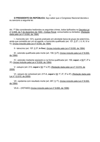 6
O PRESIDENTE DA REPÚBLICA, faço saber que o Congresso Nacional decreta e
eu sanciono a seguinte lei:
Art. 1o
São considerados hediondos os seguintes crimes, todos tipificados no Decreto-Lei
no
2.848, de 7 de dezembro de 1940 - Código Penal, consumados ou tentados: (Redação
dada pela Lei nº 8.930, de 1994)
I - homicídio (art. 121), quando praticado em atividade típica de grupo de extermínio,
ainda que cometido por um só agente, e homicídio qualificado (art. 121, § 2o
, I, II, III, IV e
V); (Inciso incluído pela Lei nº 8.930, de 1994)
II - latrocínio (art. 157, § 3o
, in fine); (Inciso incluído pela Lei nº 8.930, de 1994)
III - extorsão qualificada pela morte (art. 158, § 2o
); (Inciso incluído pela Lei nº 8.930,
de 1994)
IV - extorsão mediante seqüestro e na forma qualificada (art. 159, caput, e §§ lo
, 2o
e
3o
); (Inciso incluído pela Lei nº 8.930, de 1994)
V - estupro (art. 213, caput e §§ 1o
e 2o
); (Redação dada pela Lei nº 12.015, de
2009)
VI - estupro de vulnerável (art. 217-A, caput e §§ 1o
, 2o
, 3o
e 4o
); (Redação dada pela
Lei nº 12.015, de 2009)
VII - epidemia com resultado morte (art. 267, § 1o
). (Inciso incluído pela Lei nº 8.930,
de 1994)
VII-A – (VETADO) (Inciso incluído pela Lei nº 9.695, de 1998)
 