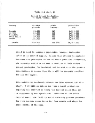 T a b l e 2-3 (Ref. 2 )
Recent P o t a t o Production
i n South C e n t r a l Idaho
County
Cassia
Jerome
Minidoka
Twin F a l l s
Power
Totals
a c r e a g e
p l a n t e d
25,000
15,000
35,000
19,000
16,000
110,000
y i e l d
cwt/ac
245
265
235
300
235
225 avg
p r o d u c t i o n
c w t
6,125,000
3,975,000
8,225,000
2,700,000
3,760,000
24,785,000
c o u l d be used t o i n c r e a s e p r o d u c t i o n , however i r r i g a t i o n
water is i n l i m i t e d supply. Rather t h a n a t t e m p t t o markedly
i n c r e a s e t h e p r o d u c t i o n of one of t h e s e p o t e n t i a l f e e d s t o c k s ,
t h e s t r a t e g y should be t o s e e k a f r a c t i o n of each c r o p ' s
a n n u a l p r o d u c t i o n f o r f e e d s t o c k and t o work w i t h t h e growers
a s s o c i a t i o n s t o e n s u r e t h a t t h e r e w i l l be a d e q u a t e s u p p l i e s
f o r a l l t h e buyers.
T h i s m u l t i - c r o p f e e d s t o c k c o n c e p t h a s been adopted f o r t h i s
study.
c a p a c i t y was s e l e c t e d as being t h e l a r g e s t scale t h a n can
be s u p p o r t e d by t h e a g r i c u l t u r a l resources o f t h e s o u t h
c e n t r a l area. The f a c i l i t y would nominally process p o t a t o e s
f o r f i v e months, s u g a r b e e t s f o r f o u r months and wheat f o r
t h r e e months of t h e y e a r .
A 20 m i l l i o n g a l l o n p e r y e a r e t h a n o l p r o d u c t i o n
2-3
 