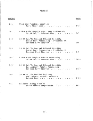 FIGURES
Number Page
1-1
3-1 ,
3-2
3-3
3-4
3-5
3-6
4-1
W e l l and P i p e l i n e Location
R a f t River Area . . . . . . . . . . . . . 1-2
Block Flow Diagram Sugar B e e t P r o c e s s i n g
20 MM G a l / Y r Ethanol P l a n t . . . . . . . 3-7
20 MM G a l / Y r Nominal E t h a n o l F a c i l i t y
Sugar Beet P r o c e s s i n g - P r e l i m i n a r y
P r o c e s s Flow Diagram . . . . . . . . . . 3-8
20 MM G a l / Y r Nominal E t h a n o l F a c i l i t y
Sugar Beet P r o c e s s i n g - P r e l i m i n a r y
P r o c e s s Flow Diagram . . . . . . . . . . 3-9
Block Flow Diagram Potato P r o c e s s i n g
20 MM G a l / Y r E t h a n o l P l a n t . . . . . . . . 3-24
20 MM G a l / Y r Nominal E t h a n o l F a c i l i t y
P r e l i m i n a r y Potato P r o c e s s i n g
P r o c e s s Flow Diagram . . . . . . . . . . 3-25
20 MM G a l / Y r E t h a n o l F a c i l i t y
P r e l i m i n a r y Product R e c o v e r y
Potato Case . . . . . . . . . . . . . . . 3-26
R e l a t i v e Energy C o s t v s
B r i n e Return Temperature . . . . . . . . 4-2
iii
 