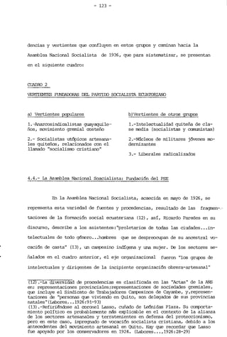 - 123 ­
dencias y vertientes que confluyen en estos grupos y caminan hacia la
Asamblea Nacional Socialista de 1926, que para sistematizar, se presentan
en el siguiente cuadro:
CUADRO 2
VERI'IEJ:lTES FUNDAJX)RAS DEL PARTICO SOCIALISTA ECUA'IDRIANO
a) Vertientes populares b) Vertientes de otros grupos
1. -Anarcos.í.ndí.ca.Lí.st.as guayaquile-­ 1.- Intelectualidad quiteña de cla­

ños, movimiento gremial costeño se media (socialistas y canunistas)

2.- Socialistas utópicos artesana­ 2.-Núcleos de militares jóvenes ITO­

les quiteños, relacionados con el dernizantes

llamado "socialisITO cristiano"

3.- Liberales radicalizados
4.4.- la Asamblea Nacional Soacialista: Fundación del PSE
En la Asamblea Nacional Socialista, acaecida en mayo de 1926, se
representa esta variedad de fuentes y procedencias, resultado de las fragrnen-.'
taciones de la formación social ecuatti:>riana (12), así, Ricardo Paredes en su
discurso, describe a los asistentes: "proletarios de todas las ciudades ...in­
telectuales de todo género ...hanbres que se despreocupan de su ancestral vo­
cación de casta" (13), un campesino indígena y una mujer. De los sectores se­
ñalados en el cuadro anterior, el eje organizacional fueron "los grupos de
intelectuales y dirigentes de la incipiente organización obrera-artesanal"
(12) .-la diversidad de procedencias es clasificada en las "Actas" de la ANS
en: representaciones provinciales¡representaciones de sociedades gremiales,
que incluye el Sindicato de Trabajadores Carnpesinos de Cayarnbe, y,represen­
taciones de "personas que viviendo en Quito, son delegados de sus provincias
natales" (labores ... 1926 :91-93)
(13) .-Refiriéndose al coronel Lasso, cuñado de Leónidas Plaza. Su corrporta­
miento político es probablemente más explicable en el contexto de la alianza
de los sectores artesanales y terratenientes en defensa del proteccionismo,
pero en este caso, irrpregnado de vocación socialista cristiana, debido a los
antecedentes del movimiento artesanal en Quito. Hay que recordar que Lasso
fue apoyado por los conservadores en 1924. (Labores ... ,1926:28-29)
 