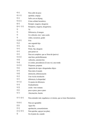 찌다 Para subir de peso
찌르다 apuñalar, empuje
찍다 Sello con un dojang
찍히다 Cómo sellado hermético,
찢다 Romper, rasgarse, desgarrar.
찢어 지다 Romperse, rasgarse, desgarrarse.
차 Té
차 Diferencia, el margen
차 Un vehículo, tren / auto coche
차 orden, secuencia, grado
차갑다 Frío
차남 uno segundo hijo
차다 frío, frío
차다 Ponte, fije, desgaste
차다 para poner en
차다 Para ser completo, que se llena de (pasivo)
차라리 más bien, preferiblemente
차량 vehículos, automóviles
차례 (1) orden, precedencia (2) una vez, una ronda
차리다 Preparaos, preparar
차림 Aparición de ropa o desgastadas objecs
차마 Para todo el mundo
차별 distinción, diferenciación
차선 Una vía de circulación
차이 diferencia, la disparidad
차이점 Un punto de diferencia
차차 Gradualmente
차창 coche / tren ventana
차츰 poco a poco, paso a paso
착각 Alucinación, ilusión
착각 하다 Para entender mal, engañarse a sí mismo, que se tiene illucinations
착하다 Para ser agradable
찬물 Agua fría
찬성 aprobación, consentimiento
찬성 하다 Para aprobar, apoyar (un plan)
참 En el punto de, cuando
 