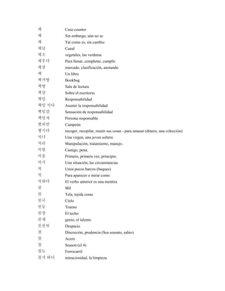 채 Casa counter
채 Sin embargo, aún no se
채 Tal como es, sin cambio
채널 Canal
채소 vegetales, las verduras
채우다 Para llenar, completar, cumplir
채점 marcado, clasificación, anotando
책 Un libro
책가방 Bookbag
책방 Sala de lectura
책상 Sobre el escritorio
책임 Responsabilidad
책임 지다 Asumir la responsabilidad
책임감 Sensación de responsabilidad
책임자 Persona responsable
챔피언 Campeón
챙기다 recoger, recopilar, reunir sus cosas - para amasar (dinero, una colección)
처녀 Una virgen, una joven soltera
처리 Manipulación, tratamiento, manejo.
처벌 Castigo, pena.
처음 Primero, primera vez, principio.
처지 Una situación, las circunstancias
척 Unos pocos barcos (buques)
척 Para aparecer o mirar como
척하다 El verbo anterior es una mentira
천 Mil
천 Tela, tejida cosas
천국 Cielo
천둥 Trueno
천장 El techo
천재 genio, el talento
천천히 Despacio
철 Discreción, prudencia (Sea sensato, sabio)
철 Acero
철 Season (el 4)
철도 Ferrocarril
철저 하다 minuciosidad, la limpieza
 