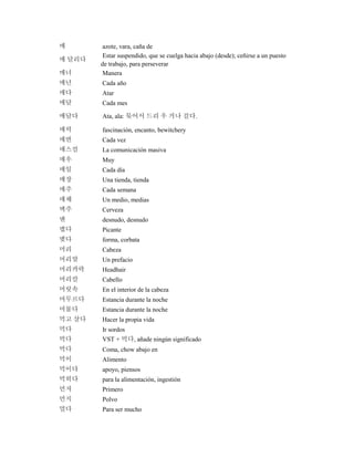 매 azote, vara, caña de
매 달리다
Estar suspendido, que se cuelga hacia abajo (desde); ceñirse a un puesto
de trabajo, para perseverar
매너 Manera
매년 Cada año
매다 Atar
매달 Cada mes
매달다 Ata, ala: 묶어서 드리 우 거나 걸다.
매력 fascinación, encanto, bewitchery
매번 Cada vez
매스컴 La comunicación masiva
매우 Muy
매일 Cada día
매장 Una tienda, tienda
매주 Cada semana
매체 Un medio, medias
맥주 Cerveza
맨 desnudo, desnudo
맵다 Picante
맺다 forma, corbata
머리 Cabeza
머리말 Un prefacio
머리카락 Headhair
머리칼 Cabello
머릿속 En el interior de la cabeza
머무르다 Estancia durante la noche
머물다 Estancia durante la noche
먹고 살다 Hacer la propia vida
먹다 Ir sordos
먹다 VST + 먹다, añade ningún significado
먹다 Coma, chow abajo en
먹이 Alimento
먹이다 apoyo, piensos
먹히다 para la alimentación, ingestión
먼저 Primero
먼지 Polvo
멀다 Para ser mucho
 