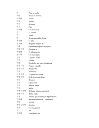 박 Pasar la noche
박다 Drive, en martillo
박물관 Museo
박사 Médico
박수 Aplausos
박스 Caja
박히다 Ser clavado en
밖 El exterior
반 Mitad
반 Group, compañía, fiesta
반갑다 Sé feliz
반기다 Alégrate, alégrate de
반대 Opuesto y se oponen a (objetar)
반대 하다 Oponerse a
반대편 El lado opuesto
반드시 Sin duda alguna
반말 Lenguaje crudo
반면 Un lado
반발 Repulsión, una reacción violenta
반복 되다 Para ser repetido
반복 하다 Para repetir
반성 Reflexión
반성 하다 Examine uno mismo
반영 하다 Reflexiona, se reflejará
반응 Reacción
반장 Squad líder
반죽 Amasar, masa
반지 Anillo
반짝 거리다 Brillante, titilante (estrellas)
반짝 이다 Brillo, brillo.
반찬 Platillos que acompañan al plato fuerte.
반하다 Hacer lo contrario a… contradecir.
받다 Recibir.
받아 들이다 Aceptar.
받침 Soporte, puntal.
발 Pie
발가락 Un dedo del pie
 