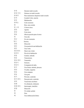 밤새 Durante toda la noche
밤새 우다 Siéntese en toda la noche
밤새다 Para mantenerse despierto toda la noche
밤색 Castaño Color, marrón
밤중 Medianoche
밤하늘 Cielo nocturno
밥 Rice, una comida
밥 그릇 A bown arroz
밥맛 Apetito
밥상 Cena mesa
밥솥 Olla de presión para el arroz
방 Una sala
방금 En este momento
방긋 Sonrisa.
방면 Dirección
방문 Una puerta de una habitación
방문 Una visita
방문하다 Hacer una visitar
방바닥 Piso de la habitación
방법 Camino, método.
방송 Transmision.
방송 하다 Transmitir.
방송국 Emisora.
방송사 Comapania de radio.
방식 Una forma, método, proceso.
방안 Un plan, esquema
방울 Una campana
방울 Una gota
방지 Prevenir, controlar
방지 하다 Para prevenir, controlar
방학 Vacaciones escolares
방해 Un obstáculo, obstáculo
방해 하다 Interrumpir, interferir
방향 Dirección
밭 Un campo, granja
배 Pera
배 Una embarcación (bote)
 
