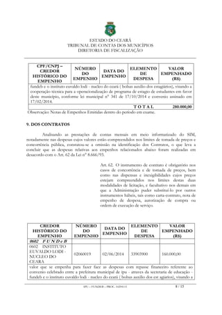 ESTADO DO CEARÁ
TRIBUNAL DE CONTAS DOS MUNICÍPIOS
DIRETORIA DE FISCALIZAÇÃO
IPU – FUNDEB – PROC. 10294115 8 / 15
CPF/CNPJ –
CREDOR
HISTÓRICO DO
EMPENHO
NÚMERO
DO
EMPENHO
DATA DO
EMPENHO
ELEMENTO
DE
DESPESA
VALOR
EMPENHADO
(R$)
fundeb e o instituto euvaldo lodi - nucleo do ceará ( bolsas auxilio dos estagiários), visando a
cooperação técnica para a operacionalização de programa de estagio de estudantes em favor
deste município, conforme lei municipal n° 341 de 17/10/2014 e convenio assinado em
17/02/2014.
T O T A L 280.000,00
Observação: Notas de Empenhos Emitidas dentro do período em exame.
9. DOS CONTRATOS
Analisando as prestações de contas mensais em meio informatizado do SIM,
notadamente nas despesas cujos valores estão compreendidos nos limites de tomada de preços e
concorrência pública, constatou-se a omissão na identificação dos Contratos, o que leva a
concluir que as despesas relativas aos empenhos relacionados abaixo foram realizadas em
desacordo com o Art. 62 da Lei n° 8.666/93.
Art. 62. O instrumento de contrato é obrigatório nos
casos de concorrência e de tomada de preços, bem
como nas dispensas e inexigibilidades cujos preços
estejam compreendidos nos limites destas duas
modalidades de licitação, e facultativo nos demais em
que a Administração puder substituí-lo por outros
instrumentos hábeis, tais como carta-contrato, nota de
empenho de despesa, autorização de compra ou
ordem de execução de serviço.
CREDOR
HISTÓRICO DO
EMPENHO
NÚMERO
DO
EMPENHO
DATA DO
EMPENHO
ELEMENTO
DE
DESPESA
VALOR
EMPENHADO
(R$)
0602 F U N D e B
0602 INSTITUTO
EUVALDO LODI -
NUCLEO DO
CEARA
02060019 02/06/2014 33903900 160.000,00
valor que se empenha para fazer face as despesas com repasse financeiro referente ao
convenio celebrado entre a prefeitura municipal de ipu - atraves da secretaria de educação -
fundeb e o instituto euvaldo lodi - nucleo do ceará ( bolsas auxilio dos est agiarios), visando a
 