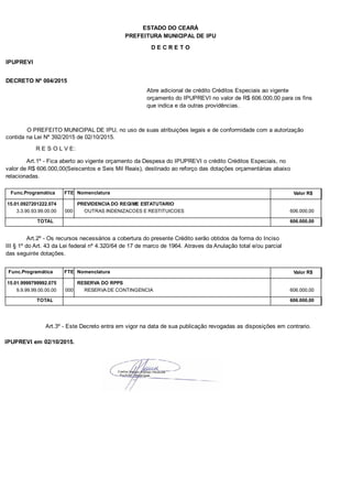 PREFEITURA MUNICIPAL DE IPU
ESTADO DO CEARÁ
D E C R E T O
IPUPREVI
DECRETO Nº 004/2015
Abre adicional de crédito Créditos Especiais ao vigente
orçamento do IPUPREVI no valor de R$ 606.000,00 para os fins
que indica e da outras providências.
O PREFEITO MUNICIPAL DE IPU, no uso de suas atribuições legais e de conformidade com a autorização
contida na Lei Nº 392/2015 de 02/10/2015.
R E S O L V E:
Art.1º - Fica aberto ao vigente orçamento da Despesa do IPUPREVI o crédito Créditos Especiais, no
valor de R$ 606.000,00(Seiscentos e Seis Mil Reais), destinado ao reforço das dotações orçamentárias abaixo
relacionadas.
Func.Programática Nomenclatura Valor R$FTE
15.01.0927201222.074 PREVIDENCIA DO REGIME ESTATUTARIO
3.3.90.93.99.00.00 OUTRAS INDENIZACOES E RESTITUICOES 606.000,00000
TOTAL 606.000,00
Art.2º - Os recursos necessários a cobertura do presente Crédito serão obtidos da forma do Inciso
III § 1º do Art. 43 da Lei federal nº 4.320/64 de 17 de marco de 1964. Atraves da Anulação total e/ou parcial
das seguinte dotações.
Func.Programática Nomenclatura Valor R$FTE
15.01.9999799992.075 RESERVA DO RPPS
9.9.99.99.00.00.00 RESERVA DE CONTINGENCIA 606.000,00000
TOTAL 606.000,00
Art.3º - Este Decreto entra em vigor na data de sua publicação revogadas as disposições em contrario.
IPUPREVI em 02/10/2015.
 
