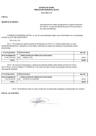 PREFEITURA MUNICIPAL DE IPU
ESTADO DO CEARÁ
D E C R E T O
F.M.A.S.
DECRETO Nº 020/2015
Abre adicional de crédito Suplementar ao vigente orçamento
do F.M.A.S. no valor de R$ 265,00 para os fins que indica e
da outras providências.
O PREFEITO MUNICIPAL DE IPU, no uso de suas atribuições legais e de conformidade com a autorização
contida na Lei Nº 366 de 02/12/2014.
R E S O L V E:
Art.1º - Fica aberto ao vigente orçamento da Despesa do F.M.A.S. o crédito Suplementar, no valor
de R$ 265,00(Duzentos e Sessenta e Cinco Reais), destinado ao reforço das dotações orçamentárias abaixo
relacionadas.
Func.Programática Nomenclatura Valor R$FTE
08.01.0412200282.032 MANUT.DA SEC.DO TRABALHO E ACAO SOCIAL
3.3.90.14.00.00.00 DIARIAS - CIVIL 265,00000
TOTAL 265,00
Art.2º - Os recursos necessários a cobertura do presente Crédito serão obtidos da forma do Inciso
III § 1º do Art. 43 da Lei federal nº 4.320/64 de 17 de marco de 1964. Atraves da Anulação total e/ou parcial
das seguinte dotações.
Func.Programática Nomenclatura Valor R$FTE
08.01.0412200282.032 MANUT.DA SEC.DO TRABALHO E ACAO SOCIAL
3.3.90.30.00.00.00 MATERIAL DE CONSUMO 265,00000
TOTAL 265,00
Art.3º - Este Decreto entra em vigor na data de sua publicação revogadas as disposições em contrario.
F.M.A.S. em 01/07/2015.
 