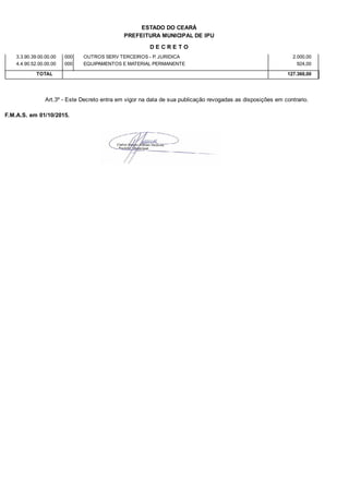 PREFEITURA MUNICIPAL DE IPU
ESTADO DO CEARÁ
D E C R E T O
3.3.90.39.00.00.00 OUTROS SERV TERCEIROS - P. JURIDICA 2.000,00000
4.4.90.52.00.00.00 EQUIPAMENTOS E MATERIAL PERMANENTE 924,00000
TOTAL 127.360,00
Art.3º - Este Decreto entra em vigor na data de sua publicação revogadas as disposições em contrario.
F.M.A.S. em 01/10/2015.
 