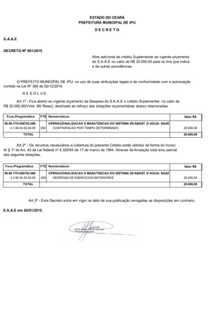 PREFEITURA MUNICIPAL DE IPU
ESTADO DO CEARÁ
D E C R E T O
S.A.A.E
DECRETO Nº 001/2015
Abre adicional de crédito Suplementar ao vigente orçamento
do S.A.A.E no valor de R$ 20.000,00 para os fins que indica
e da outras providências.
O PREFEITO MUNICIPAL DE IPU, no uso de suas atribuições legais e de conformidade com a autorização
contida na Lei Nº 366 de 02/12/2014.
R E S O L V E:
Art.1º - Fica aberto ao vigente orçamento da Despesa do S.A.A.E o crédito Suplementar, no valor de
R$ 20.000,00(Vinte Mil Reais), destinado ao reforço das dotações orçamentárias abaixo relacionadas.
Func.Programática Nomenclatura Valor R$FTE
90.90.1751200702.088 OPERACIONALIZACAO E MANUTENCAO DO SISTEMA DE ABAST. D`AGUA- SAAE
3.1.90.04.00.00.00 CONTRATACAO POR TEMPO DETERMINADO 20.000,00000
TOTAL 20.000,00
Art.2º - Os recursos necessários a cobertura do presente Crédito serão obtidos da forma do Inciso
III § 1º do Art. 43 da Lei federal nº 4.320/64 de 17 de marco de 1964. Atraves da Anulação total e/ou parcial
das seguinte dotações.
Func.Programática Nomenclatura Valor R$FTE
90.90.1751200702.088 OPERACIONALIZACAO E MANUTENCAO DO SISTEMA DE ABAST. D`AGUA- SAAE
3.3.90.92.00.00.00 DESPESAS DE EXERCICIOS ANTERIORES 20.000,00000
TOTAL 20.000,00
Art.3º - Este Decreto entra em vigor na data de sua publicação revogadas as disposições em contrario.
S.A.A.E em 02/01/2015.
 