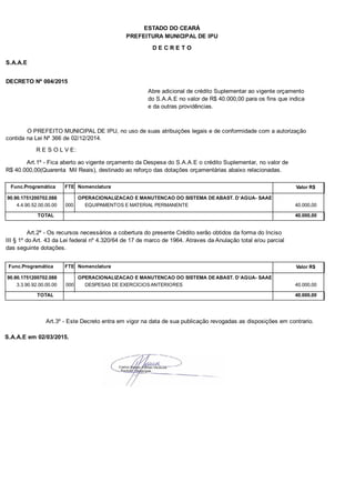 PREFEITURA MUNICIPAL DE IPU
ESTADO DO CEARÁ
D E C R E T O
S.A.A.E
DECRETO Nº 004/2015
Abre adicional de crédito Suplementar ao vigente orçamento
do S.A.A.E no valor de R$ 40.000,00 para os fins que indica
e da outras providências.
O PREFEITO MUNICIPAL DE IPU, no uso de suas atribuições legais e de conformidade com a autorização
contida na Lei Nº 366 de 02/12/2014.
R E S O L V E:
Art.1º - Fica aberto ao vigente orçamento da Despesa do S.A.A.E o crédito Suplementar, no valor de
R$ 40.000,00(Quarenta Mil Reais), destinado ao reforço das dotações orçamentárias abaixo relacionadas.
Func.Programática Nomenclatura Valor R$FTE
90.90.1751200702.088 OPERACIONALIZACAO E MANUTENCAO DO SISTEMA DE ABAST. D`AGUA- SAAE
4.4.90.52.00.00.00 EQUIPAMENTOS E MATERIAL PERMANENTE 40.000,00000
TOTAL 40.000,00
Art.2º - Os recursos necessários a cobertura do presente Crédito serão obtidos da forma do Inciso
III § 1º do Art. 43 da Lei federal nº 4.320/64 de 17 de marco de 1964. Atraves da Anulação total e/ou parcial
das seguinte dotações.
Func.Programática Nomenclatura Valor R$FTE
90.90.1751200702.088 OPERACIONALIZACAO E MANUTENCAO DO SISTEMA DE ABAST. D`AGUA- SAAE
3.3.90.92.00.00.00 DESPESAS DE EXERCICIOS ANTERIORES 40.000,00000
TOTAL 40.000,00
Art.3º - Este Decreto entra em vigor na data de sua publicação revogadas as disposições em contrario.
S.A.A.E em 02/03/2015.
 