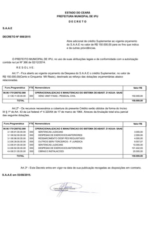 PREFEITURA MUNICIPAL DE IPU
ESTADO DO CEARÁ
D E C R E T O
S.A.A.E
DECRETO Nº 008/2015
Abre adicional de crédito Suplementar ao vigente orçamento
do S.A.A.E no valor de R$ 150.000,00 para os fins que indica
e da outras providências.
O PREFEITO MUNICIPAL DE IPU, no uso de suas atribuições legais e de conformidade com a autorização
contida na Lei Nº 366 de 02/12/2014.
R E S O L V E:
Art.1º - Fica aberto ao vigente orçamento da Despesa do S.A.A.E o crédito Suplementar, no valor de
R$ 150.000,00(Cento e Cinquenta Mil Reais), destinado ao reforço das dotações orçamentárias abaixo
relacionadas.
Func.Programática Nomenclatura Valor R$FTE
90.90.1751200702.088 OPERACIONALIZACAO E MANUTENCAO DO SISTEMA DE ABAST. D`AGUA- SAAE
3.1.90.11.00.00.00 VENC VANT FIXAS - PESSOAL CIVIL 150.000,00000
TOTAL 150.000,00
Art.2º - Os recursos necessários a cobertura do presente Crédito serão obtidos da forma do Inciso
III § 1º do Art. 43 da Lei federal nº 4.320/64 de 17 de marco de 1964. Atraves da Anulação total e/ou parcial
das seguinte dotações.
Func.Programática Nomenclatura Valor R$FTE
90.90.1751200702.088 OPERACIONALIZACAO E MANUTENCAO DO SISTEMA DE ABAST. D`AGUA- SAAE
3.1.90.91.00.00.00 SENTENCAS JUDICIAIS 3.000,00000
3.1.90.92.00.00.00 DESPESAS DE EXERCICIOS ANTERIORES 2.000,00000
3.1.90.96.00.00.00 RESSARCIMENTO DESP. PES REQUISITADO 4.000,00000
3.3.90.39.00.00.00 OUTROS SERV TERCEIROS - P. JURIDICA 9.557,07000
3.3.90.91.00.00.00 SENTENCAS JUDICIAIS 10.000,00000
3.3.90.92.00.00.00 DESPESAS DE EXERCICIOS ANTERIORES 101.442,93000
4.4.90.51.00.00.00 OBRAS E INSTALACOES 20.000,00000
TOTAL 150.000,00
Art.3º - Este Decreto entra em vigor na data de sua publicação revogadas as disposições em contrario.
S.A.A.E em 03/08/2015.
 