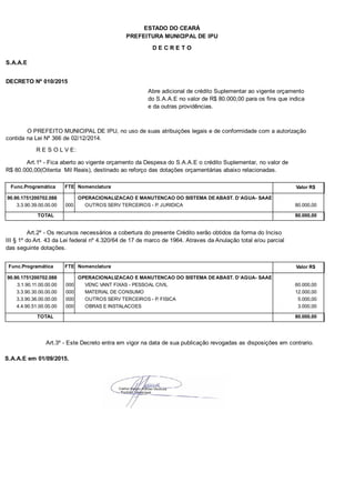 PREFEITURA MUNICIPAL DE IPU
ESTADO DO CEARÁ
D E C R E T O
S.A.A.E
DECRETO Nº 010/2015
Abre adicional de crédito Suplementar ao vigente orçamento
do S.A.A.E no valor de R$ 80.000,00 para os fins que indica
e da outras providências.
O PREFEITO MUNICIPAL DE IPU, no uso de suas atribuições legais e de conformidade com a autorização
contida na Lei Nº 366 de 02/12/2014.
R E S O L V E:
Art.1º - Fica aberto ao vigente orçamento da Despesa do S.A.A.E o crédito Suplementar, no valor de
R$ 80.000,00(Oitenta Mil Reais), destinado ao reforço das dotações orçamentárias abaixo relacionadas.
Func.Programática Nomenclatura Valor R$FTE
90.90.1751200702.088 OPERACIONALIZACAO E MANUTENCAO DO SISTEMA DE ABAST. D`AGUA- SAAE
3.3.90.39.00.00.00 OUTROS SERV TERCEIROS - P. JURIDICA 80.000,00000
TOTAL 80.000,00
Art.2º - Os recursos necessários a cobertura do presente Crédito serão obtidos da forma do Inciso
III § 1º do Art. 43 da Lei federal nº 4.320/64 de 17 de marco de 1964. Atraves da Anulação total e/ou parcial
das seguinte dotações.
Func.Programática Nomenclatura Valor R$FTE
90.90.1751200702.088 OPERACIONALIZACAO E MANUTENCAO DO SISTEMA DE ABAST. D`AGUA- SAAE
3.1.90.11.00.00.00 VENC VANT FIXAS - PESSOAL CIVIL 60.000,00000
3.3.90.30.00.00.00 MATERIAL DE CONSUMO 12.000,00000
3.3.90.36.00.00.00 OUTROS SERV TERCEIROS - P. FISICA 5.000,00000
4.4.90.51.00.00.00 OBRAS E INSTALACOES 3.000,00000
TOTAL 80.000,00
Art.3º - Este Decreto entra em vigor na data de sua publicação revogadas as disposições em contrario.
S.A.A.E em 01/09/2015.
 