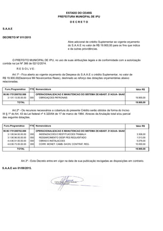 PREFEITURA MUNICIPAL DE IPU
ESTADO DO CEARÁ
D E C R E T O
S.A.A.E
DECRETO Nº 011/2015
Abre adicional de crédito Suplementar ao vigente orçamento
do S.A.A.E no valor de R$ 19.900,00 para os fins que indica
e da outras providências.
O PREFEITO MUNICIPAL DE IPU, no uso de suas atribuições legais e de conformidade com a autorização
contida na Lei Nº 366 de 02/12/2014.
R E S O L V E:
Art.1º - Fica aberto ao vigente orçamento da Despesa do S.A.A.E o crédito Suplementar, no valor de
R$ 19.900,00(Dezenove Mil Novencentos Reais), destinado ao reforço das dotações orçamentárias abaixo
relacionadas.
Func.Programática Nomenclatura Valor R$FTE
90.90.1751200702.088 OPERACIONALIZACAO E MANUTENCAO DO SISTEMA DE ABAST. D`AGUA- SAAE
3.1.91.13.00.00.00 OBRIGAÇOES PATRONAIS 19.900,00000
TOTAL 19.900,00
Art.2º - Os recursos necessários a cobertura do presente Crédito serão obtidos da forma do Inciso
III § 1º do Art. 43 da Lei federal nº 4.320/64 de 17 de marco de 1964. Atraves da Anulação total e/ou parcial
das seguinte dotações.
Func.Programática Nomenclatura Valor R$FTE
90.90.1751200702.088 OPERACIONALIZACAO E MANUTENCAO DO SISTEMA DE ABAST. D`AGUA- SAAE
3.1.90.94.00.00.00 INDENIZACOES E RESTITUICOES TRABALH 3.308,00000
3.1.90.96.00.00.00 RESSARCIMENTO DESP. PES REQUISITADO 1.513,00000
4.4.90.51.00.00.00 OBRAS E INSTALACOES 5.079,00000
4.6.90.73.00.00.00 CORR. MONET. CAMB. DA DIV. CONTRAT. REG. 10.000,00000
TOTAL 19.900,00
Art.3º - Este Decreto entra em vigor na data de sua publicação revogadas as disposições em contrario.
S.A.A.E em 01/09/2015.
 