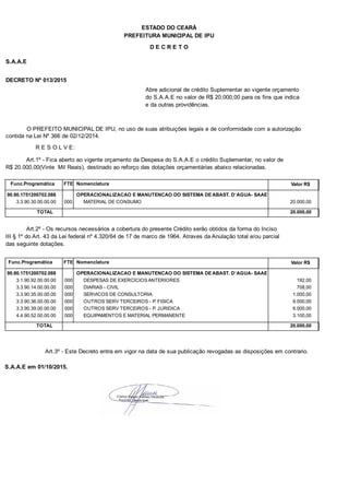 PREFEITURA MUNICIPAL DE IPU
ESTADO DO CEARÁ
D E C R E T O
S.A.A.E
DECRETO Nº 013/2015
Abre adicional de crédito Suplementar ao vigente orçamento
do S.A.A.E no valor de R$ 20.000,00 para os fins que indica
e da outras providências.
O PREFEITO MUNICIPAL DE IPU, no uso de suas atribuições legais e de conformidade com a autorização
contida na Lei Nº 366 de 02/12/2014.
R E S O L V E:
Art.1º - Fica aberto ao vigente orçamento da Despesa do S.A.A.E o crédito Suplementar, no valor de
R$ 20.000,00(Vinte Mil Reais), destinado ao reforço das dotações orçamentárias abaixo relacionadas.
Func.Programática Nomenclatura Valor R$FTE
90.90.1751200702.088 OPERACIONALIZACAO E MANUTENCAO DO SISTEMA DE ABAST. D`AGUA- SAAE
3.3.90.30.00.00.00 MATERIAL DE CONSUMO 20.000,00000
TOTAL 20.000,00
Art.2º - Os recursos necessários a cobertura do presente Crédito serão obtidos da forma do Inciso
III § 1º do Art. 43 da Lei federal nº 4.320/64 de 17 de marco de 1964. Atraves da Anulação total e/ou parcial
das seguinte dotações.
Func.Programática Nomenclatura Valor R$FTE
90.90.1751200702.088 OPERACIONALIZACAO E MANUTENCAO DO SISTEMA DE ABAST. D`AGUA- SAAE
3.1.90.92.00.00.00 DESPESAS DE EXERCICIOS ANTERIORES 192,00000
3.3.90.14.00.00.00 DIARIAS - CIVIL 708,00000
3.3.90.35.00.00.00 SERVICOS DE CONSULTORIA 1.000,00000
3.3.90.36.00.00.00 OUTROS SERV TERCEIROS - P. FISICA 9.000,00000
3.3.90.39.00.00.00 OUTROS SERV TERCEIROS - P. JURIDICA 6.000,00000
4.4.90.52.00.00.00 EQUIPAMENTOS E MATERIAL PERMANENTE 3.100,00000
TOTAL 20.000,00
Art.3º - Este Decreto entra em vigor na data de sua publicação revogadas as disposições em contrario.
S.A.A.E em 01/10/2015.
 