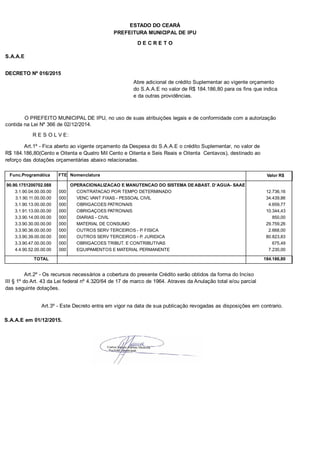 PREFEITURA MUNICIPAL DE IPU
ESTADO DO CEARÁ
D E C R E T O
S.A.A.E
DECRETO Nº 016/2015
Abre adicional de crédito Suplementar ao vigente orçamento
do S.A.A.E no valor de R$ 184.186,80 para os fins que indica
e da outras providências.
O PREFEITO MUNICIPAL DE IPU, no uso de suas atribuições legais e de conformidade com a autorização
contida na Lei Nº 366 de 02/12/2014.
R E S O L V E:
Art.1º - Fica aberto ao vigente orçamento da Despesa do S.A.A.E o crédito Suplementar, no valor de
R$ 184.186,80(Cento e Oitenta e Quatro Mil Cento e Oitenta e Seis Reais e Oitenta Centavos), destinado ao
reforço das dotações orçamentárias abaixo relacionadas.
Func.Programática Nomenclatura Valor R$FTE
90.90.1751200702.088 OPERACIONALIZACAO E MANUTENCAO DO SISTEMA DE ABAST. D`AGUA- SAAE
3.1.90.04.00.00.00 CONTRATACAO POR TEMPO DETERMINADO 12.736,16000
3.1.90.11.00.00.00 VENC VANT FIXAS - PESSOAL CIVIL 34.439,86000
3.1.90.13.00.00.00 OBRIGACOES PATRONAIS 4.659,77000
3.1.91.13.00.00.00 OBRIGAÇOES PATRONAIS 10.344,43000
3.3.90.14.00.00.00 DIARIAS - CIVIL 850,00000
3.3.90.30.00.00.00 MATERIAL DE CONSUMO 29.759,26000
3.3.90.36.00.00.00 OUTROS SERV TERCEIROS - P. FISICA 2.668,00000
3.3.90.39.00.00.00 OUTROS SERV TERCEIROS - P. JURIDICA 80.823,83000
3.3.90.47.00.00.00 OBRIGACOES TRIBUT. E CONTRIBUTIVAS 675,49000
4.4.90.52.00.00.00 EQUIPAMENTOS E MATERIAL PERMANENTE 7.230,00000
TOTAL 184.186,80
Art.2º - Os recursos necessários a cobertura do presente Crédito serão obtidos da forma do Inciso
III § 1º do Art. 43 da Lei federal nº 4.320/64 de 17 de marco de 1964. Atraves da Anulação total e/ou parcial
das seguinte dotações.
Art.3º - Este Decreto entra em vigor na data de sua publicação revogadas as disposições em contrario.
S.A.A.E em 01/12/2015.
 
