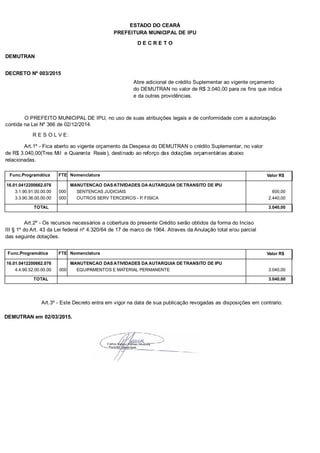 PREFEITURA MUNICIPAL DE IPU
ESTADO DO CEARÁ
D E C R E T O
DEMUTRAN
DECRETO Nº 003/2015
Abre adicional de crédito Suplementar ao vigente orçamento
do DEMUTRAN no valor de R$ 3.040,00 para os fins que indica
e da outras providências.
O PREFEITO MUNICIPAL DE IPU, no uso de suas atribuições legais e de conformidade com a autorização
contida na Lei Nº 366 de 02/12/2014.
R E S O L V E:
Art.1º - Fica aberto ao vigente orçamento da Despesa do DEMUTRAN o crédito Suplementar, no valor
de R$ 3.040,00(Tres Mil e Quarenta Reais), destinado ao reforço das dotações orçamentárias abaixo
relacionadas.
Func.Programática Nomenclatura Valor R$FTE
16.01.0412200662.076 MANUTENCAO DAS ATIVIDADES DA AUTARQUIA DE TRANSITO DE IPU
3.1.90.91.00.00.00 SENTENCAS JUDICIAIS 600,00000
3.3.90.36.00.00.00 OUTROS SERV TERCEIROS - P. FISICA 2.440,00000
TOTAL 3.040,00
Art.2º - Os recursos necessários a cobertura do presente Crédito serão obtidos da forma do Inciso
III § 1º do Art. 43 da Lei federal nº 4.320/64 de 17 de marco de 1964. Atraves da Anulação total e/ou parcial
das seguinte dotações.
Func.Programática Nomenclatura Valor R$FTE
16.01.0412200662.076 MANUTENCAO DAS ATIVIDADES DA AUTARQUIA DE TRANSITO DE IPU
4.4.90.52.00.00.00 EQUIPAMENTOS E MATERIAL PERMANENTE 3.040,00000
TOTAL 3.040,00
Art.3º - Este Decreto entra em vigor na data de sua publicação revogadas as disposições em contrario.
DEMUTRAN em 02/03/2015.
 