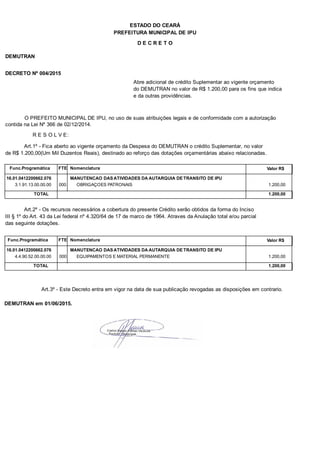 PREFEITURA MUNICIPAL DE IPU
ESTADO DO CEARÁ
D E C R E T O
DEMUTRAN
DECRETO Nº 004/2015
Abre adicional de crédito Suplementar ao vigente orçamento
do DEMUTRAN no valor de R$ 1.200,00 para os fins que indica
e da outras providências.
O PREFEITO MUNICIPAL DE IPU, no uso de suas atribuições legais e de conformidade com a autorização
contida na Lei Nº 366 de 02/12/2014.
R E S O L V E:
Art.1º - Fica aberto ao vigente orçamento da Despesa do DEMUTRAN o crédito Suplementar, no valor
de R$ 1.200,00(Um Mil Duzentos Reais), destinado ao reforço das dotações orçamentárias abaixo relacionadas.
Func.Programática Nomenclatura Valor R$FTE
16.01.0412200662.076 MANUTENCAO DAS ATIVIDADES DA AUTARQUIA DE TRANSITO DE IPU
3.1.91.13.00.00.00 OBRIGAÇOES PATRONAIS 1.200,00000
TOTAL 1.200,00
Art.2º - Os recursos necessários a cobertura do presente Crédito serão obtidos da forma do Inciso
III § 1º do Art. 43 da Lei federal nº 4.320/64 de 17 de marco de 1964. Atraves da Anulação total e/ou parcial
das seguinte dotações.
Func.Programática Nomenclatura Valor R$FTE
16.01.0412200662.076 MANUTENCAO DAS ATIVIDADES DA AUTARQUIA DE TRANSITO DE IPU
4.4.90.52.00.00.00 EQUIPAMENTOS E MATERIAL PERMANENTE 1.200,00000
TOTAL 1.200,00
Art.3º - Este Decreto entra em vigor na data de sua publicação revogadas as disposições em contrario.
DEMUTRAN em 01/06/2015.
 