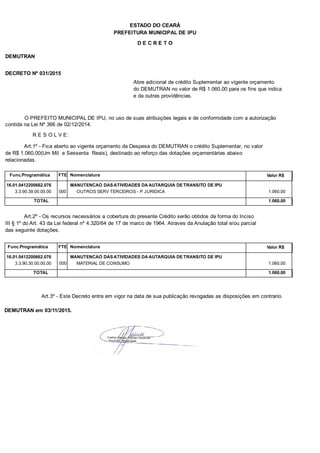 PREFEITURA MUNICIPAL DE IPU
ESTADO DO CEARÁ
D E C R E T O
DEMUTRAN
DECRETO Nº 031/2015
Abre adicional de crédito Suplementar ao vigente orçamento
do DEMUTRAN no valor de R$ 1.060,00 para os fins que indica
e da outras providências.
O PREFEITO MUNICIPAL DE IPU, no uso de suas atribuições legais e de conformidade com a autorização
contida na Lei Nº 366 de 02/12/2014.
R E S O L V E:
Art.1º - Fica aberto ao vigente orçamento da Despesa do DEMUTRAN o crédito Suplementar, no valor
de R$ 1.060,00(Um Mil e Sessenta Reais), destinado ao reforço das dotações orçamentárias abaixo
relacionadas.
Func.Programática Nomenclatura Valor R$FTE
16.01.0412200662.076 MANUTENCAO DAS ATIVIDADES DA AUTARQUIA DE TRANSITO DE IPU
3.3.90.39.00.00.00 OUTROS SERV TERCEIROS - P. JURIDICA 1.060,00000
TOTAL 1.060,00
Art.2º - Os recursos necessários a cobertura do presente Crédito serão obtidos da forma do Inciso
III § 1º do Art. 43 da Lei federal nº 4.320/64 de 17 de marco de 1964. Atraves da Anulação total e/ou parcial
das seguinte dotações.
Func.Programática Nomenclatura Valor R$FTE
16.01.0412200662.076 MANUTENCAO DAS ATIVIDADES DA AUTARQUIA DE TRANSITO DE IPU
3.3.90.30.00.00.00 MATERIAL DE CONSUMO 1.060,00000
TOTAL 1.060,00
Art.3º - Este Decreto entra em vigor na data de sua publicação revogadas as disposições em contrario.
DEMUTRAN em 03/11/2015.
 