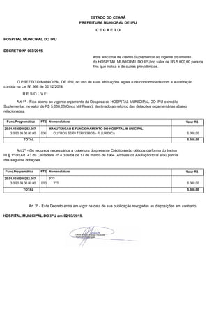 PREFEITURA MUNICIPAL DE IPU
ESTADO DO CEARÁ
D E C R E T O
HOSPITAL MUNICIPAL DO IPU
DECRETO Nº 003/2015
Abre adicional de crédito Suplementar ao vigente orçamento
do HOSPITAL MUNICIPAL DO IPU no valor de R$ 5.000,00 para os
fins que indica e da outras providências.
O PREFEITO MUNICIPAL DE IPU, no uso de suas atribuições legais e de conformidade com a autorização
contida na Lei Nº 366 de 02/12/2014.
R E S O L V E:
Art.1º - Fica aberto ao vigente orçamento da Despesa do HOSPITAL MUNICIPAL DO IPU o crédito
Suplementar, no valor de R$ 5.000,00(Cinco Mil Reais), destinado ao reforço das dotações orçamentárias abaixo
relacionadas.
Func.Programática Nomenclatura Valor R$FTE
20.01.1030200252.087 MANUTENCAO E FUNCIONAMENTO DO HOSPITAL M UNICIPAL
3.3.90.39.00.00.00 OUTROS SERV TERCEIROS - P. JURIDICA 5.000,00000
TOTAL 5.000,00
Art.2º - Os recursos necessários a cobertura do presente Crédito serão obtidos da forma do Inciso
III § 1º do Art. 43 da Lei federal nº 4.320/64 de 17 de marco de 1964. Atraves da Anulação total e/ou parcial
das seguinte dotações.
Func.Programática Nomenclatura Valor R$FTE
20.01.1030200252.087 ???
3.3.90.39.00.00.00 ??? 5.000,00000
TOTAL 5.000,00
Art.3º - Este Decreto entra em vigor na data de sua publicação revogadas as disposições em contrario.
HOSPITAL MUNICIPAL DO IPU em 02/03/2015.
 
