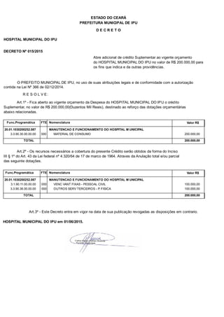 PREFEITURA MUNICIPAL DE IPU
ESTADO DO CEARÁ
D E C R E T O
HOSPITAL MUNICIPAL DO IPU
DECRETO Nº 015/2015
Abre adicional de crédito Suplementar ao vigente orçamento
do HOSPITAL MUNICIPAL DO IPU no valor de R$ 200.000,00 para
os fins que indica e da outras providências.
O PREFEITO MUNICIPAL DE IPU, no uso de suas atribuições legais e de conformidade com a autorização
contida na Lei Nº 366 de 02/12/2014.
R E S O L V E:
Art.1º - Fica aberto ao vigente orçamento da Despesa do HOSPITAL MUNICIPAL DO IPU o crédito
Suplementar, no valor de R$ 200.000,00(Duzentos Mil Reais), destinado ao reforço das dotações orçamentárias
abaixo relacionadas.
Func.Programática Nomenclatura Valor R$FTE
20.01.1030200252.087 MANUTENCAO E FUNCIONAMENTO DO HOSPITAL M UNICIPAL
3.3.90.30.00.00.00 MATERIAL DE CONSUMO 200.000,00000
TOTAL 200.000,00
Art.2º - Os recursos necessários a cobertura do presente Crédito serão obtidos da forma do Inciso
III § 1º do Art. 43 da Lei federal nº 4.320/64 de 17 de marco de 1964. Atraves da Anulação total e/ou parcial
das seguinte dotações.
Func.Programática Nomenclatura Valor R$FTE
20.01.1030200252.087 MANUTENCAO E FUNCIONAMENTO DO HOSPITAL M UNICIPAL
3.1.90.11.00.00.00 VENC VANT FIXAS - PESSOAL CIVIL 100.000,00000
3.3.90.36.00.00.00 OUTROS SERV TERCEIROS - P. FISICA 100.000,00000
TOTAL 200.000,00
Art.3º - Este Decreto entra em vigor na data de sua publicação revogadas as disposições em contrario.
HOSPITAL MUNICIPAL DO IPU em 01/06/2015.
 