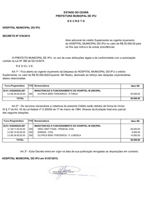 PREFEITURA MUNICIPAL DE IPU
ESTADO DO CEARÁ
D E C R E T O
HOSPITAL MUNICIPAL DO IPU
DECRETO Nº 018/2015
Abre adicional de crédito Suplementar ao vigente orçamento
do HOSPITAL MUNICIPAL DO IPU no valor de R$ 50.000,00 para
os fins que indica e da outras providências.
O PREFEITO MUNICIPAL DE IPU, no uso de suas atribuições legais e de conformidade com a autorização
contida na Lei Nº 366 de 02/12/2014.
R E S O L V E:
Art.1º - Fica aberto ao vigente orçamento da Despesa do HOSPITAL MUNICIPAL DO IPU o crédito
Suplementar, no valor de R$ 50.000,00(Cinquenta Mil Reais), destinado ao reforço das dotações orçamentárias
abaixo relacionadas.
Func.Programática Nomenclatura Valor R$FTE
20.01.1030200252.087 MANUTENCAO E FUNCIONAMENTO DO HOSPITAL M UNICIPAL
3.3.90.36.00.00.00 OUTROS SERV TERCEIROS - P. FISICA 50.000,00000
TOTAL 50.000,00
Art.2º - Os recursos necessários a cobertura do presente Crédito serão obtidos da forma do Inciso
III § 1º do Art. 43 da Lei federal nº 4.320/64 de 17 de marco de 1964. Atraves da Anulação total e/ou parcial
das seguinte dotações.
Func.Programática Nomenclatura Valor R$FTE
20.01.1030200252.087 MANUTENCAO E FUNCIONAMENTO DO HOSPITAL M UNICIPAL
3.1.90.11.00.00.00 VENC VANT FIXAS - PESSOAL CIVIL 26.000,00000
3.3.90.14.00.00.00 DIARIAS - CIVIL 9.000,00000
3.3.90.39.00.00.00 OUTROS SERV TERCEIROS - P. JURIDICA 15.000,00000
TOTAL 50.000,00
Art.3º - Este Decreto entra em vigor na data de sua publicação revogadas as disposições em contrario.
HOSPITAL MUNICIPAL DO IPU em 01/07/2015.
 