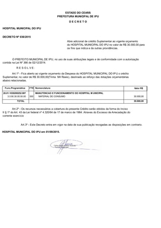 PREFEITURA MUNICIPAL DE IPU
ESTADO DO CEARÁ
D E C R E T O
HOSPITAL MUNICIPAL DO IPU
DECRETO Nº 036/2015
Abre adicional de crédito Suplementar ao vigente orçamento
do HOSPITAL MUNICIPAL DO IPU no valor de R$ 30.000,00 para
os fins que indica e da outras providências.
O PREFEITO MUNICIPAL DE IPU, no uso de suas atribuições legais e de conformidade com a autorização
contida na Lei Nº 366 de 02/12/2014.
R E S O L V E:
Art.1º - Fica aberto ao vigente orçamento da Despesa do HOSPITAL MUNICIPAL DO IPU o crédito
Suplementar, no valor de R$ 30.000,00(Trinta Mil Reais), destinado ao reforço das dotações orçamentárias
abaixo relacionadas.
Func.Programática Nomenclatura Valor R$FTE
20.01.1030200252.087 MANUTENCAO E FUNCIONAMENTO DO HOSPITAL M UNICIPAL
3.3.90.30.00.00.00 MATERIAL DE CONSUMO 30.000,00000
TOTAL 30.000,00
Art.2º - Os recursos necessários a cobertura do presente Crédito serão obtidos da forma do Inciso
II § 1º do Art. 43 da Lei federal nº 4.320/64 de 17 de marco de 1964. Atraves do Excesso de Arrecadação do
corrente exercício
Art.3º - Este Decreto entra em vigor na data de sua publicação revogadas as disposições em contrario.
HOSPITAL MUNICIPAL DO IPU em 01/09/2015.
 