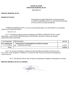 PREFEITURA MUNICIPAL DE IPU
ESTADO DO CEARÁ
D E C R E T O
HOSPITAL MUNICIPAL DO IPU
DECRETO Nº 037/2015
Abre adicional de crédito Suplementar ao vigente orçamento
do HOSPITAL MUNICIPAL DO IPU no valor de R$ 52.000,00 para
os fins que indica e da outras providências.
O PREFEITO MUNICIPAL DE IPU, no uso de suas atribuições legais e de conformidade com a autorização
contida na Lei Nº 366 de 02/12/2014.
R E S O L V E:
Art.1º - Fica aberto ao vigente orçamento da Despesa do HOSPITAL MUNICIPAL DO IPU o crédito
Suplementar, no valor de R$ 52.000,00(Cinquenta e Dois Mil Reais), destinado ao reforço das dotações
orçamentárias abaixo relacionadas.
Func.Programática Nomenclatura Valor R$FTE
20.01.1030200252.087 MANUTENCAO E FUNCIONAMENTO DO HOSPITAL M UNICIPAL
3.1.91.13.00.00.00 OBRIGAÇOES PATRONAIS 52.000,00000
TOTAL 52.000,00
Art.2º - Os recursos necessários a cobertura do presente Crédito serão obtidos da forma do Inciso
II § 1º do Art. 43 da Lei federal nº 4.320/64 de 17 de marco de 1964. Atraves do Excesso de Arrecadação do
corrente exercício
Art.3º - Este Decreto entra em vigor na data de sua publicação revogadas as disposições em contrario.
HOSPITAL MUNICIPAL DO IPU em 01/09/2015.
 