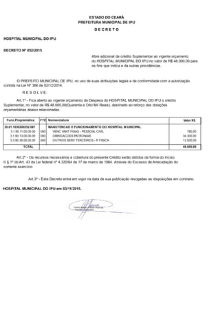 PREFEITURA MUNICIPAL DE IPU
ESTADO DO CEARÁ
D E C R E T O
HOSPITAL MUNICIPAL DO IPU
DECRETO Nº 052/2015
Abre adicional de crédito Suplementar ao vigente orçamento
do HOSPITAL MUNICIPAL DO IPU no valor de R$ 48.000,00 para
os fins que indica e da outras providências.
O PREFEITO MUNICIPAL DE IPU, no uso de suas atribuições legais e de conformidade com a autorização
contida na Lei Nº 366 de 02/12/2014.
R E S O L V E:
Art.1º - Fica aberto ao vigente orçamento da Despesa do HOSPITAL MUNICIPAL DO IPU o crédito
Suplementar, no valor de R$ 48.000,00(Quarenta e Oito Mil Reais), destinado ao reforço das dotações
orçamentárias abaixo relacionadas.
Func.Programática Nomenclatura Valor R$FTE
20.01.1030200252.087 MANUTENCAO E FUNCIONAMENTO DO HOSPITAL M UNICIPAL
3.1.90.11.00.00.00 VENC VANT FIXAS - PESSOAL CIVIL 780,00000
3.1.90.13.00.00.00 OBRIGACOES PATRONAIS 34.300,00000
3.3.90.36.00.00.00 OUTROS SERV TERCEIROS - P. FISICA 12.920,00000
TOTAL 48.000,00
Art.2º - Os recursos necessários a cobertura do presente Crédito serão obtidos da forma do Inciso
II § 1º do Art. 43 da Lei federal nº 4.320/64 de 17 de marco de 1964. Atraves do Excesso de Arrecadação do
corrente exercício
Art.3º - Este Decreto entra em vigor na data de sua publicação revogadas as disposições em contrario.
HOSPITAL MUNICIPAL DO IPU em 03/11/2015.
 