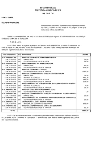 PREFEITURA MUNICIPAL DE IPU
ESTADO DO CEARÁ
D E C R E T O
FUNDO GERAL
DECRETO Nº 014/2015
Abre adicional de crédito Suplementar ao vigente orçamento
do FUNDO GERAL no valor de R$ 58.857,00 para os fins que
indica e da outras providências.
O PREFEITO MUNICIPAL DE IPU, no uso de suas atribuições legais e de conformidade com a autorização
contida na Lei Nº 366 de 02/12/2014.
R E S O L V E:
Art.1º - Fica aberto ao vigente orçamento da Despesa do FUNDO GERAL o crédito Suplementar, no
valor de R$ 58.857,00(Cinquenta e Oito Mil Oitocentos e Cinquenta e Sete Reais), destinado ao reforço das
dotações orçamentárias abaixo relacionadas.
Func.Programática Nomenclatura Valor R$FTE
04.01.0412200092.005 MANUTENCAO DA SEC.DE ADM E PLANEJAMENTO
3.3.90.14.00.00.00 DIARIAS - CIVIL 750,00000
3.3.90.36.00.00.00 OUTROS SERV TERCEIROS - P. FISICA 150,00000
09.01.0412200092.054 MANUT.DAS ATIVS.DA SEC.INFRA-ESTRUTURA
3.3.90.14.00.00.00 DIARIAS - CIVIL 800,00000
3.3.90.39.00.00.00 OUTROS SERV TERCEIROS - P. JURIDICA 6.188,00000
09.01.1545200662.056 MANUTENCAO DA LIMPEZA URBANA
3.3.90.39.00.00.00 OUTROS SERV TERCEIROS - P. JURIDICA 32.676,00000
10.01.0412200092.060 MANUTENCAO DAS ATIVIDADES DA SECRETARIA DE CULTURA
3.3.90.14.00.00.00 DIARIAS - CIVIL 200,00000
3.3.90.30.00.00.00 MATERIAL DE CONSUMO 4.454,00000
3.3.90.36.00.00.00 OUTROS SERV TERCEIROS - P. FISICA 1.800,00000
3.3.90.39.00.00.00 OUTROS SERV TERCEIROS - P. JURIDICA 2.280,00000
11.01.0412200732.062 MANUT.DAS ATIV.DA SEC.DE AGRICULTURA, PECUARIA E RECURSOS HIDRICOS
3.3.90.30.00.00.00 MATERIAL DE CONSUMO 70,00000
3.3.90.39.00.00.00 OUTROS SERV TERCEIROS - P. JURIDICA 295,00000
11.01.2060800732.064 MANUTENCAO DO PROGRAMA GARANTIA SAFRA
3.3.90.39.00.00.00 OUTROS SERV TERCEIROS - P. JURIDICA 1,00000
12.01.0412200092.066 MANUTENCAO DAS ATIVIDADES DA SECRETARIA MUNICIPAL DO MEIO AMBIENTE
3.3.90.14.00.00.00 DIARIAS - CIVIL 250,00000
14.01.0412200092.071 MANUT.DAS ATIV.DA SEC.DO DESENVOLVIMENTO ECONOMICO E TECNOLOGICO.
3.3.90.39.00.00.00 OUTROS SERV TERCEIROS - P. JURIDICA 250,00000
17.01.2884300102.079 AMORTIZACAO DA DIVIDA INTERNA - IPUPREV
4.6.90.71.00.00.00 PRINCIPAL DIV. CONTRATUAL RESGATADO 8.029,00000
18.01.0412200092.082 MANUTENCAO DAS ATIVIDADES ADM. DA SEC.DE TURISMO
3.3.90.39.00.00.00 OUTROS SERV TERCEIROS - P. JURIDICA 664,00000
TOTAL 58.857,00
Art.2º - Os recursos necessários a cobertura do presente Crédito serão obtidos da forma do Inciso
III § 1º do Art. 43 da Lei federal nº 4.320/64 de 17 de marco de 1964. Atraves da Anulação total e/ou parcial
das seguinte dotações.
 