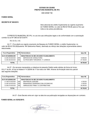 PREFEITURA MUNICIPAL DE IPU
ESTADO DO CEARÁ
D E C R E T O
FUNDO GERAL
DECRETO Nº 002/2015
Abre adicional de crédito Suplementar ao vigente orçamento
do FUNDO GERAL no valor de R$ 40.700,00 para os fins que
indica e da outras providências.
O PREFEITO MUNICIPAL DE IPU, no uso de suas atribuições legais e de conformidade com a autorização
contida na Lei Nº 366 de 02/12/2014.
R E S O L V E:
Art.1º - Fica aberto ao vigente orçamento da Despesa do FUNDO GERAL o crédito Suplementar, no
valor de R$ 40.700,00(Quarenta Mil Setecentos Reais), destinado ao reforço das dotações orçamentárias abaixo
relacionadas.
Func.Programática Nomenclatura Valor R$FTE
04.01.0412200092.005 MANUTENCAO DA SEC.DE ADM E PLANEJAMENTO
3.3.90.35.00.00.00 SERVICOS DE CONSULTORIA 13.600,00000
3.3.90.39.00.00.00 OUTROS SERV TERCEIROS - P. JURIDICA 27.100,00000
TOTAL 40.700,00
Art.2º - Os recursos necessários a cobertura do presente Crédito serão obtidos da forma do Inciso
III § 1º do Art. 43 da Lei federal nº 4.320/64 de 17 de marco de 1964. Atraves da Anulação total e/ou parcial
das seguinte dotações.
Func.Programática Nomenclatura Valor R$FTE
04.01.0412200092.005 MANUTENCAO DA SEC.DE ADM E PLANEJAMENTO
3.1.90.91.00.00.00 SENTENCAS JUDICIAIS 4.750,00000
3.3.90.33.00.00.00 PASSAGENS E DESPESAS COM LOCOMOCAO 5.700,00000
3.3.90.47.00.00.00 OBRIGACOES TRIBUT. E CONTRIBUTIVAS 30.250,00000
TOTAL 40.700,00
Art.3º - Este Decreto entra em vigor na data de sua publicação revogadas as disposições em contrario.
FUNDO GERAL em 02/02/2015.
 