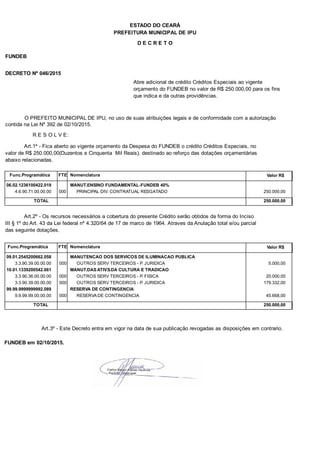 PREFEITURA MUNICIPAL DE IPU
ESTADO DO CEARÁ
D E C R E T O
FUNDEB
DECRETO Nº 046/2015
Abre adicional de crédito Créditos Especiais ao vigente
orçamento do FUNDEB no valor de R$ 250.000,00 para os fins
que indica e da outras providências.
O PREFEITO MUNICIPAL DE IPU, no uso de suas atribuições legais e de conformidade com a autorização
contida na Lei Nº 392 de 02/10/2015.
R E S O L V E:
Art.1º - Fica aberto ao vigente orçamento da Despesa do FUNDEB o crédito Créditos Especiais, no
valor de R$ 250.000,00(Duzentos e Cinquenta Mil Reais), destinado ao reforço das dotações orçamentárias
abaixo relacionadas.
Func.Programática Nomenclatura Valor R$FTE
06.02.1236100422.019 MANUT.ENSINO FUNDAMENTAL-FUNDEB 40%
4.6.90.71.00.00.00 PRINCIPAL DIV. CONTRATUAL RESGATADO 250.000,00000
TOTAL 250.000,00
Art.2º - Os recursos necessários a cobertura do presente Crédito serão obtidos da forma do Inciso
III § 1º do Art. 43 da Lei federal nº 4.320/64 de 17 de marco de 1964. Atraves da Anulação total e/ou parcial
das seguinte dotações.
Func.Programática Nomenclatura Valor R$FTE
09.01.2545200662.058 MANUTENCAO DOS SERVICOS DE ILUMINACAO PUBLICA
3.3.90.39.00.00.00 OUTROS SERV TERCEIROS - P. JURIDICA 5.000,00000
10.01.1339200542.061 MANUT.DAS ATIVS.DA CULTURA E TRADICAO
3.3.90.36.00.00.00 OUTROS SERV TERCEIROS - P. FISICA 20.000,00000
3.3.90.39.00.00.00 OUTROS SERV TERCEIROS - P. JURIDICA 179.332,00000
99.99.9999999992.089 RESERVA DE CONTINGENCIA
9.9.99.99.00.00.00 RESERVA DE CONTINGENCIA 45.668,00000
TOTAL 250.000,00
Art.3º - Este Decreto entra em vigor na data de sua publicação revogadas as disposições em contrario.
FUNDEB em 02/10/2015.
 