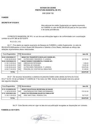 PREFEITURA MUNICIPAL DE IPU
ESTADO DO CEARÁ
D E C R E T O
FUNDEB
DECRETO Nº 012/2015
Abre adicional de crédito Suplementar ao vigente orçamento
do FUNDEB no valor de R$ 224.875,00 para os fins que indica
e da outras providências.
O PREFEITO MUNICIPAL DE IPU, no uso de suas atribuições legais e de conformidade com a autorização
contida na Lei Nº 366 de 02/12/2014.
R E S O L V E:
Art.1º - Fica aberto ao vigente orçamento da Despesa do FUNDEB o crédito Suplementar, no valor de
R$ 224.875,00(Duzentos e Vinte e Quatro Mil Oitocentos e Setenta e Cinco Reais), destinado ao reforço das
dotações orçamentárias abaixo relacionadas.
Func.Programática Nomenclatura Valor R$FTE
06.02.1236100382.017 MANUT.DO TRANSPORTE ESCOLAR-FUNDEB 40%
3.3.90.39.00.00.00 OUTROS SERV TERCEIROS - P. JURIDICA 40.720,00000
06.02.1236100422.019 MANUT.ENSINO FUNDAMENTAL-FUNDEB 40%
3.1.90.13.00.00.00 OBRIGACOES PATRONAIS 1.350,00000
3.3.90.30.00.00.00 MATERIAL DE CONSUMO 15.381,00000
3.3.90.39.00.00.00 OUTROS SERV TERCEIROS - P. JURIDICA 105.975,00000
4.6.90.71.00.00.00 PRINCIPAL DIV. CONTRATUAL RESGATADO 61.449,00000
TOTAL 224.875,00
Art.2º - Os recursos necessários a cobertura do presente Crédito serão obtidos da forma do Inciso
III § 1º do Art. 43 da Lei federal nº 4.320/64 de 17 de marco de 1964. Atraves da Anulação total e/ou parcial
das seguinte dotações.
Func.Programática Nomenclatura Valor R$FTE
07.01.1012200332.023 MANUT.DAS ATIVS.DA SECRETARIA DE SAUDE
3.1.90.04.00.00.00 CONTRATACAO POR TEMPO DETERMINADO 170.161,93000
07.01.1030100912.024 MANUT.DO PROGRAMA SAUDE DA FAMILIA-PSF
3.1.90.11.00.00.00 VENC VANT FIXAS - PESSOAL CIVIL 54.713,07000
TOTAL 224.875,00
Art.3º - Este Decreto entra em vigor na data de sua publicação revogadas as disposições em contrario.
FUNDEB em 03/11/2015.
 