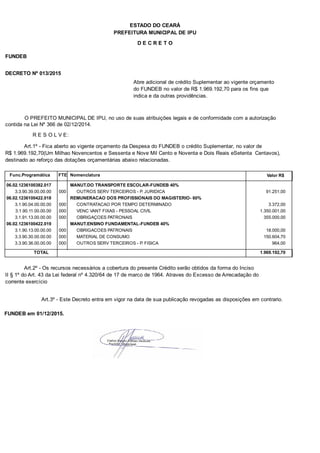 PREFEITURA MUNICIPAL DE IPU
ESTADO DO CEARÁ
D E C R E T O
FUNDEB
DECRETO Nº 013/2015
Abre adicional de crédito Suplementar ao vigente orçamento
do FUNDEB no valor de R$ 1.969.192,70 para os fins que
indica e da outras providências.
O PREFEITO MUNICIPAL DE IPU, no uso de suas atribuições legais e de conformidade com a autorização
contida na Lei Nº 366 de 02/12/2014.
R E S O L V E:
Art.1º - Fica aberto ao vigente orçamento da Despesa do FUNDEB o crédito Suplementar, no valor de
R$ 1.969.192,70(Um Milhao Novencentos e Sessenta e Nove Mil Cento e Noventa e Dois Reais eSetenta Centavos),
destinado ao reforço das dotações orçamentárias abaixo relacionadas.
Func.Programática Nomenclatura Valor R$FTE
06.02.1236100382.017 MANUT.DO TRANSPORTE ESCOLAR-FUNDEB 40%
3.3.90.39.00.00.00 OUTROS SERV TERCEIROS - P. JURIDICA 91.251,00000
06.02.1236100422.018 REMUNERACAO DOS PROFISSIONAIS DO MAGISTERIO- 60%
3.1.90.04.00.00.00 CONTRATACAO POR TEMPO DETERMINADO 3.372,00000
3.1.90.11.00.00.00 VENC VANT FIXAS - PESSOAL CIVIL 1.350.001,00000
3.1.91.13.00.00.00 OBRIGAÇOES PATRONAIS 355.000,00000
06.02.1236100422.019 MANUT.ENSINO FUNDAMENTAL-FUNDEB 40%
3.1.90.13.00.00.00 OBRIGACOES PATRONAIS 18.000,00000
3.3.90.30.00.00.00 MATERIAL DE CONSUMO 150.604,70000
3.3.90.36.00.00.00 OUTROS SERV TERCEIROS - P. FISICA 964,00000
TOTAL 1.969.192,70
Art.2º - Os recursos necessários a cobertura do presente Crédito serão obtidos da forma do Inciso
II § 1º do Art. 43 da Lei federal nº 4.320/64 de 17 de marco de 1964. Atraves do Excesso de Arrecadação do
corrente exercício
Art.3º - Este Decreto entra em vigor na data de sua publicação revogadas as disposições em contrario.
FUNDEB em 01/12/2015.
 