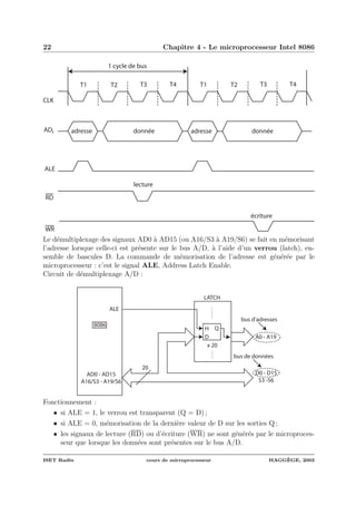 22 Chapitre 4 - Le microprocesseur Intel 8086
T1 T4T3T2 T1 T4T3T2
1 cycle de bus
adresse donnée adresse donnée
lecture
écriture
CLK
ADi
ALE
RD
WR
Le d´emultiplexage des signaux AD0 `a AD15 (ou A16/S3 `a A19/S6) se fait en m´emorisant
l’adresse lorsque celle-ci est pr´esente sur le bus A/D, `a l’aide d’un verrou (latch), en-
semble de bascules D. La commande de m´emorisation de l’adresse est g´en´er´ee par le
microprocesseur : c’est le signal ALE, Address Latch Enable.
Circuit de d´emultiplexage A/D :
D
H Q
x 20
LATCH
AD0 - AD15
A16/S3 - A19/S6
20
D0 - D15
S3 -S6
A0 - A19
ALE
8086
bus d'adresses
bus de données
Fonctionnement :
• si ALE = 1, le verrou est transparent (Q = D) ;
• si ALE = 0, m´emorisation de la derni`ere valeur de D sur les sorties Q ;
• les signaux de lecture (RD) ou d’´ecriture (WR) ne sont g´en´er´es par le microproces-
seur que lorsque les donn´ees sont pr´esentes sur le bus A/D.
ISET Rad`es cours de microprocesseur HAGG`EGE, 2003
 
