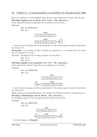 40 Chapitre 5 - La programmation en assembleur du microprocesseur 8086
Dans les rotations, les bits d´eplac´es dans un sens sont r´einject´es de l’autre cˆot´e du mot.
D´ecalage logique vers la droite (Shift Right) : SHR op´erande,n
Cette instruction d´ecale l’op´erande de n positions vers la droite.
Exemple :
mov al,11001011B
shr al,1
1 1 0 0 1 0 1 1
0 1 1 0 0 1 0 1 1
CF
avant
après
→ entr´ee d’un 0 `a la place du bit de poids fort ; le bit sortant passe `a travers l’indicateur
de retenue CF.
Remarque : si le nombre de bits `a d´ecaler est sup´erieur `a 1, ce nombre doit ˆetre plac´e
dans le registre CL ou CX.
Exemple : d´ecalage de AL de trois positions vers la droite :
mov cl,3
shr al,cl
D´ecalage logique vers la gauche (Shift Left) : SHL op´erande,n
Cette instruction d´ecale l’op´erande de n positions vers la droite.
Exemple :
mov al,11001011B
shl al,1
1 1 0 0 1 0 1 1
1 0 0 1 0 1 1 0
avant
après
1
CF
→ entr´ee d’un 0 `a la place du bit de poids faible ; le bit sortant passe `a travers l’indicateur
de retenue CF.
Mˆeme remarque que pr´ec´edemment si le nombre de positions `a d´ecaler est sup´erieur `a 1.
D´ecalage arithm´etique vers la droite : SAR op´erande,n
Ce d´ecalage conserve le bit de signe bien que celui-ci soit d´ecal´e.
Exemple :
mov al,11001011B
sar al,1
1 1 0 0 1 0 1 1
1 1 1 0 0 1 0 1 1
CF
avant
après
→ le bit de signe est r´einject´e.
ISET Rad`es cours de microprocesseur HAGG`EGE, 2003
 