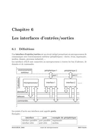 Chapitre 6
Les interfaces d’entr´ees/sorties
6.1 D´eﬁnitions
Une interface d’entr´ees/sorties est un circuit int´egr´e permettant au microprocesseur de
communiquer avec l’environnement ext´erieur (p´eriph´eriques) : clavier, ´ecran, imprimante,
modem, disques, processus industriel, ...
Les interfaces d’E/S sont connect´ees au microprocesseur `a travers les bus d’adresses, de
donn´ees et de commandes.
microprocesseur
périphérique 1
données
adresses
commandes
périphérique 2
interface 1 interface 2
environnement
extérieur
calculateur
port 1 port 2
Les points d’acc`es aux interfaces sont appel´es ports.
Exemples :
interface port exemple de p´eriph´erique
interface parall`ele port parall`ele imprimante
interface s´erie port s´erie modem
HAGG`EGE, 2003 cours de microprocesseur ISET Rad`es
 