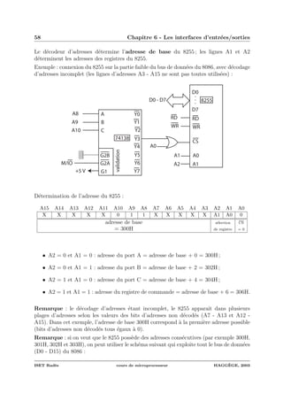 58 Chapitre 6 - Les interfaces d’entr´ees/sorties
Le d´ecodeur d’adresses d´etermine l’adresse de base du 8255 ; les lignes A1 et A2
d´eterminent les adresses des registres du 8255.
Exemple : connexion du 8255 sur la partie faible du bus de donn´ees du 8086, avec d´ecodage
d’adresses incomplet (les lignes d’adresses A3 - A15 ne sont pas toutes utilis´ees) :
RD
WR
A0
A1
CS
D0 - D7 8255
RD
WR
A1
A2
A0
M/IO
A
G1
G2A
G2B
B
C
74138
Y1
Y5
Y4
Y2
Y7
Y6
Y3
Y0
validation
+5 V
A8
A9
A10
D0
.
.
.
D7
D´etermination de l’adresse du 8255 :
A15 A14 A13 A12 A11 A10 A9 A8 A7 A6 A5 A4 A3 A2 A1 A0
X X X X X 0 1 1 X X X X X A1 A0 0
adresse de base s´election CS
= 300H de registre = 0
• A2 = 0 et A1 = 0 : adresse du port A = adresse de base + 0 = 300H ;
• A2 = 0 et A1 = 1 : adresse du port B = adresse de base + 2 = 302H ;
• A2 = 1 et A1 = 0 : adresse du port C = adresse de base + 4 = 304H ;
• A2 = 1 et A1 = 1 : adresse du registre de commande = adresse de base + 6 = 306H.
Remarque : le d´ecodage d’adresses ´etant incomplet, le 8255 apparaˆıt dans plusieurs
plages d’adresses selon les valeurs des bits d’adresses non d´ecod´es (A7 - A13 et A12 -
A15). Dans cet exemple, l’adresse de base 300H correspond `a la premi`ere adresse possible
(bits d’adresses non d´ecod´es tous ´egaux `a 0).
Remarque : si on veut que le 8255 poss`ede des adresses cons´ecutives (par exemple 300H,
301H, 302H et 303H), on peut utiliser le sch´ema suivant qui exploite tout le bus de donn´ees
(D0 - D15) du 8086 :
ISET Rad`es cours de microprocesseur HAGG`EGE, 2003
 