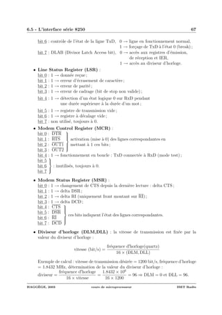 6.5 - L’interface s´erie 8250 67
bit 6 : contrˆole de l’´etat de la ligne TxD, 0 → ligne en fonctionnement normal,
1 → for¸cage de TxD `a l’´etat 0 (break) ;
bit 7 : DLAB (Divisor Latch Access bit), 0 → acc`es aux registres d’´emission,
de r´eception et IER,
1 → acc`es au diviseur d’horloge.
• Line Status Register (LSR) :
bit 0 : 1 → donn´ee re¸cue ;
bit 1 : 1 → erreur d’´ecrasement de caract`ere ;
bit 2 : 1 → erreur de parit´e ;
bit 3 : 1 → erreur de cadrage (bit de stop non valide) ;
bit 4 : 1 → d´etection d’un ´etat logique 0 sur RxD pendant
une dur´ee sup´erieure `a la dur´ee d’un mot ;
bit 5 : 1 → registre de transmission vide ;
bit 6 : 1 → registre `a d´ecalage vide ;
bit 7 : non utilis´e, toujours `a 0.
• Modem Control Register (MCR) :
bit 0 : DTR
bit 1 : RTS
bit 2 : OUT1
bit 3 : OUT2
⎫
⎪⎪⎪⎬
⎪⎪⎪⎭
activation (mise `a 0) des lignes correspondantes en
mettant `a 1 ces bits ;
bit 4 : 1 → fonctionnement en boucle : TxD connect´ee `a RxD (mode test) ;
bit 5
bit 6
bit 7
⎫
⎪⎬
⎪⎭
: inutilis´es, toujours `a 0.
• Modem Status Register (MSR) :
bit 0 : 1 → changement de CTS depuis la derni`ere lecture : delta CTS ;
bit 1 : 1 → delta DSR ;
bit 2 : 1 → delta RI (uniquement front montant sur RI) ;
bit 3 : 1 → delta DCD ;
bit 4 : CTS
bit 5 : DSR
bit 6 : RI
bit 7 : DCD
⎫
⎪⎪⎪⎬
⎪⎪⎪⎭
ces bits indiquent l’´etat des lignes correspondantes.
• Diviseur d’horloge (DLM,DLL) : la vitesse de transmission est ﬁx´ee par la
valeur du diviseur d’horloge :
vitesse (bit/s) =
fr´equence d horloge(quartz)
16 × (DLM, DLL)
Exemple de calcul : vitesse de transmission d´esir´ee = 1200 bit/s, fr´equence d’horloge
= 1.8432 MHz, d´etermination de la valeur du diviseur d’horloge :
diviseur =
fr´equence d horloge
16 × vitesse
=
1.8432 × 106
16 × 1200
= 96 ⇒ DLM = 0 et DLL = 96.
HAGG`EGE, 2003 cours de microprocesseur ISET Rad`es
 